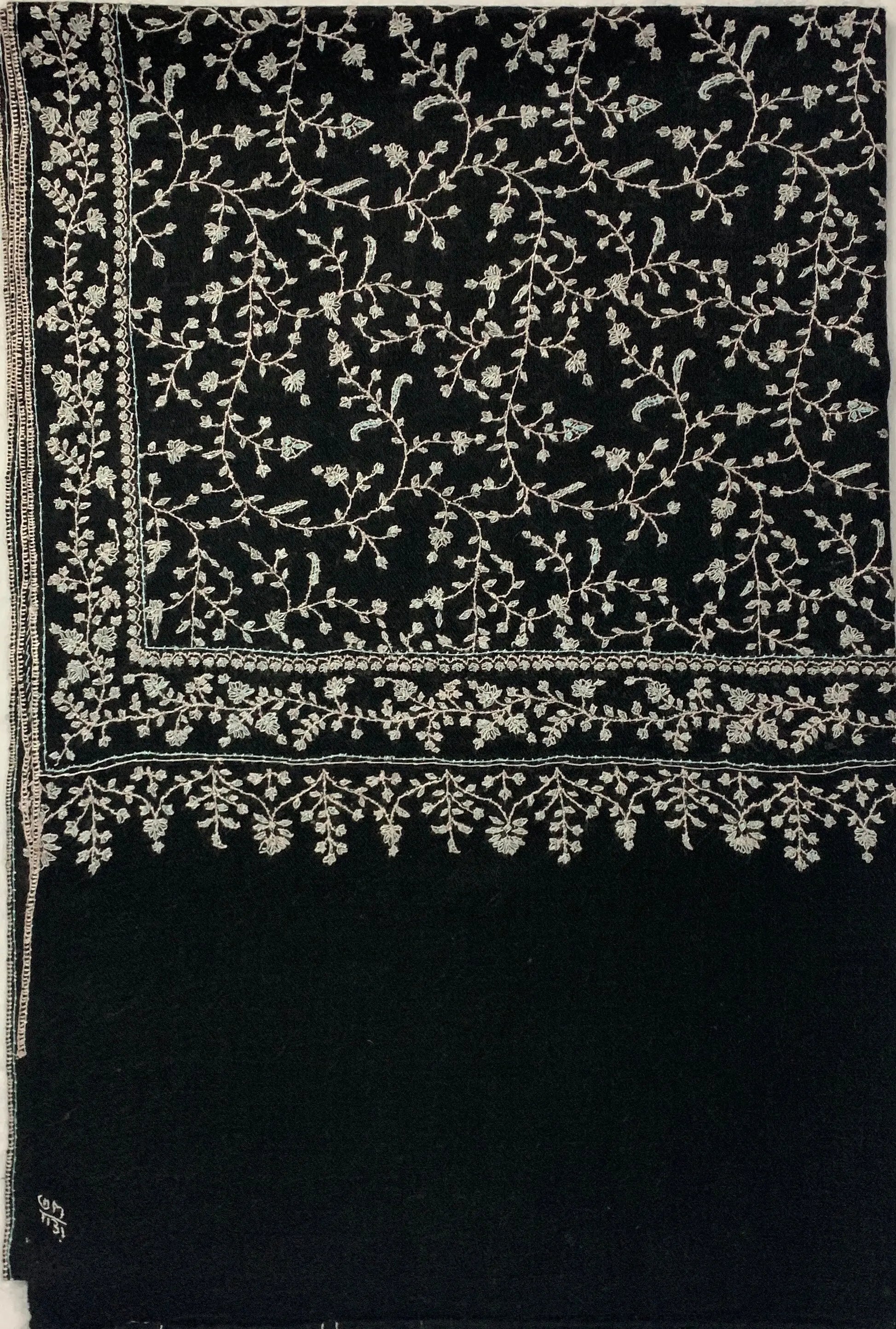Black Scarf Pure Pashmina Hand Embroided in Kashmir Shahkaar