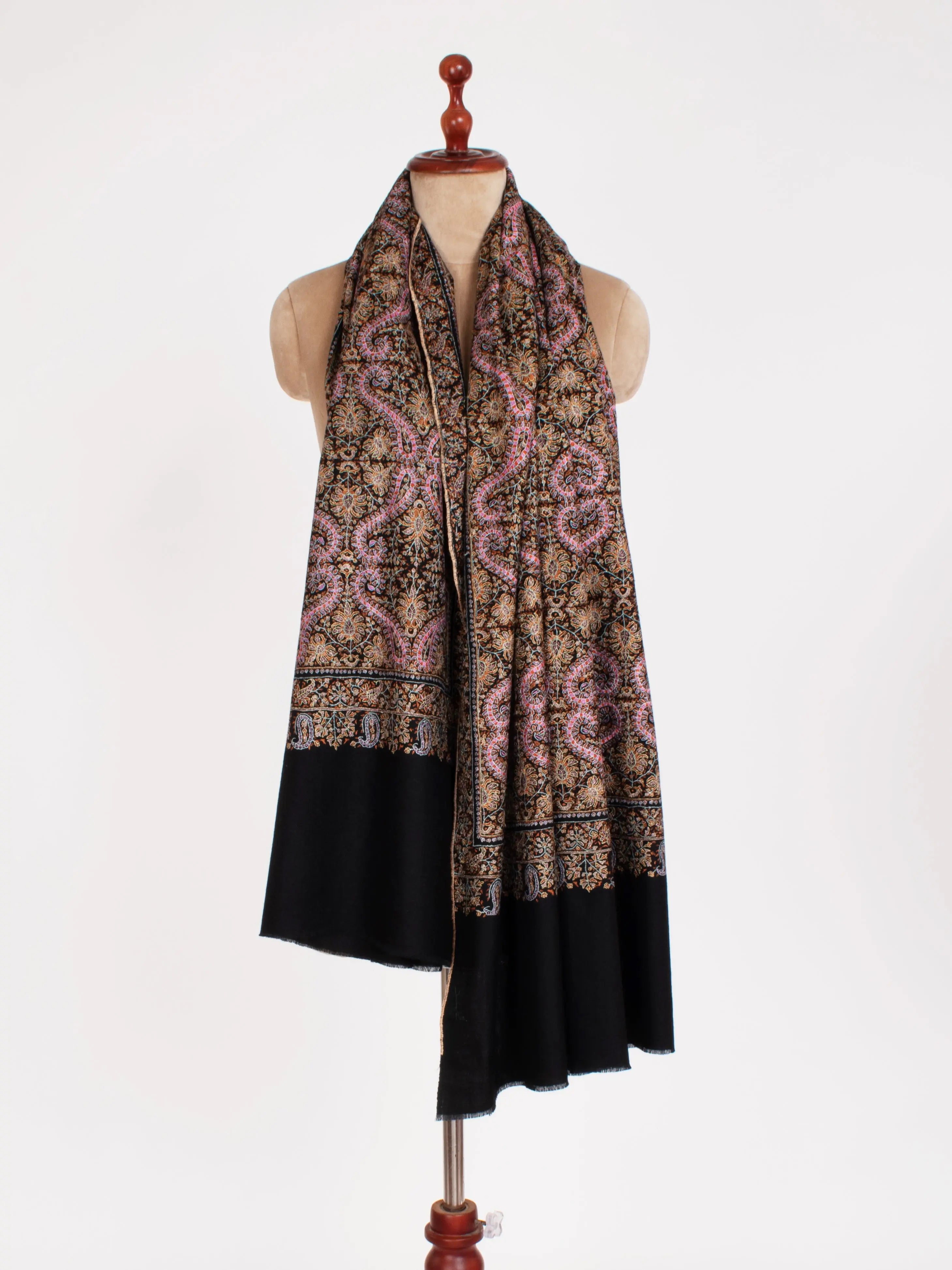 Black Silk Embroidery thread Pure Pashmina Evening Wrap Shahkaar