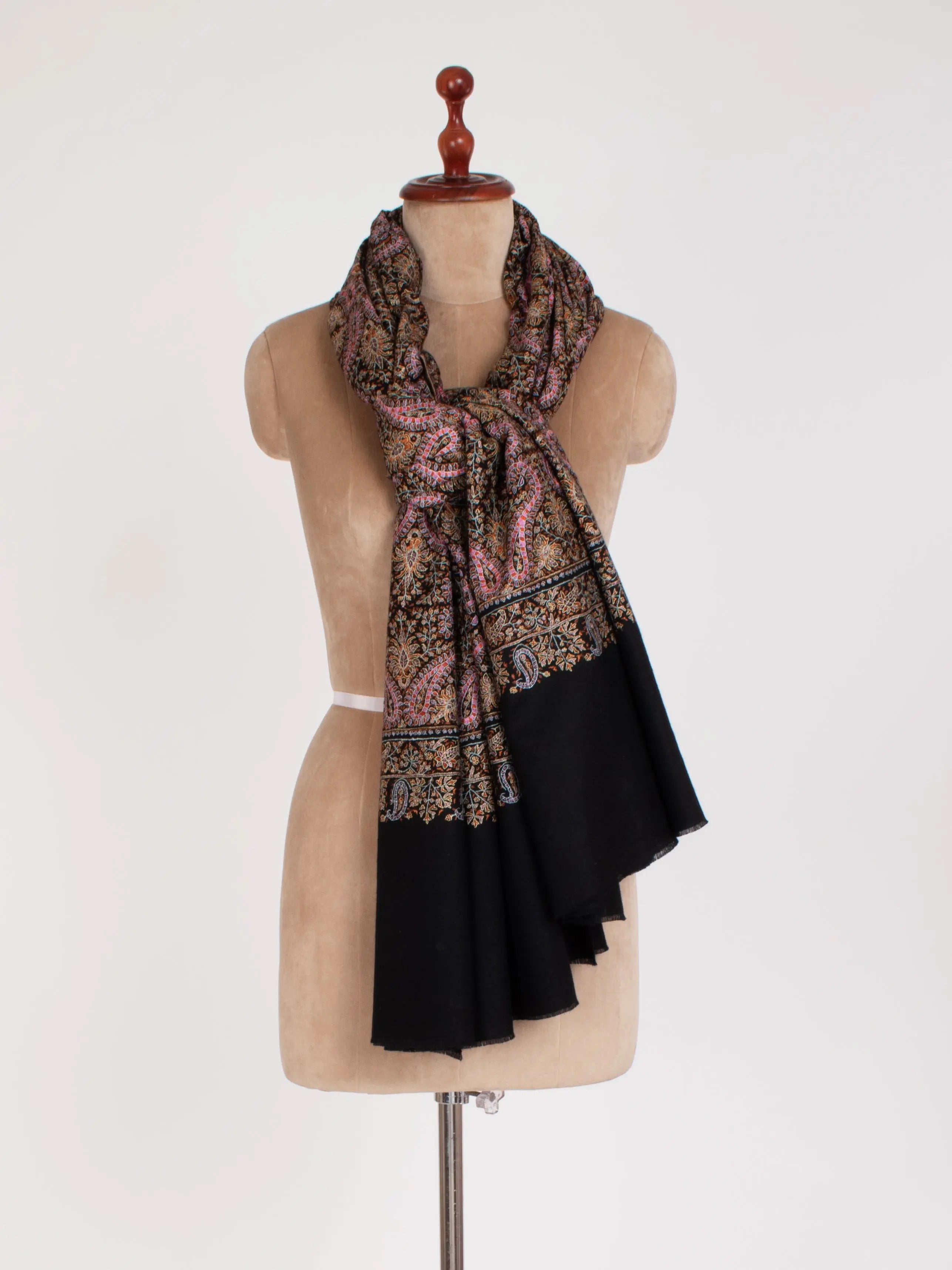 Black Silk Embroidery thread Pure Pashmina Evening Wrap Shahkaar