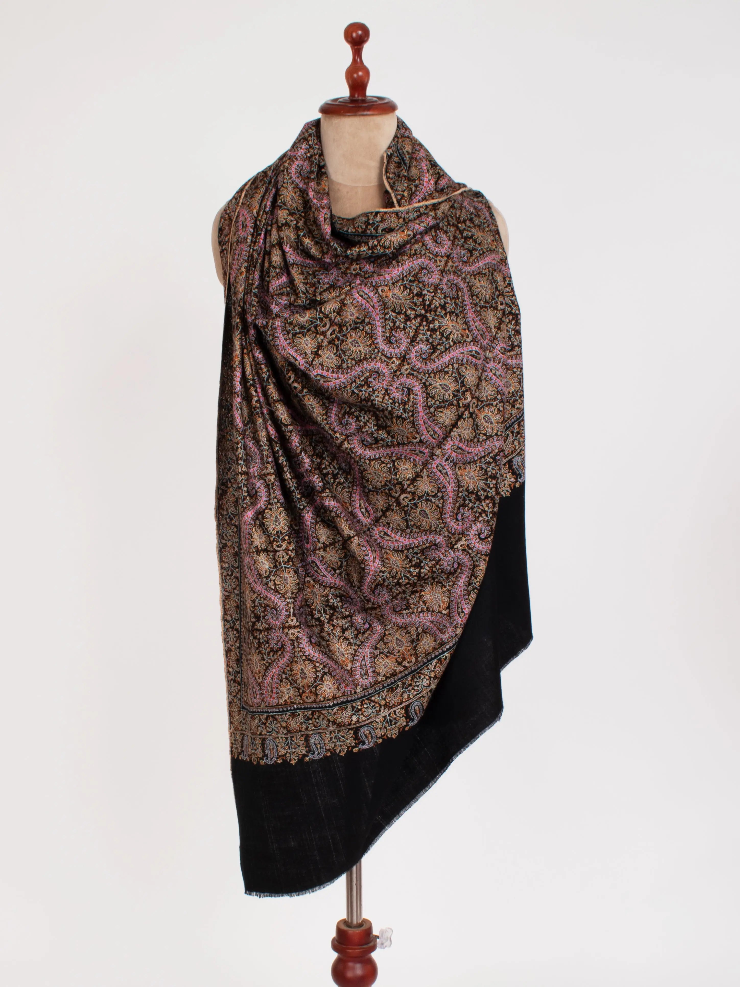 Black Silk Embroidery thread Pure Pashmina Evening Wrap Shahkaar