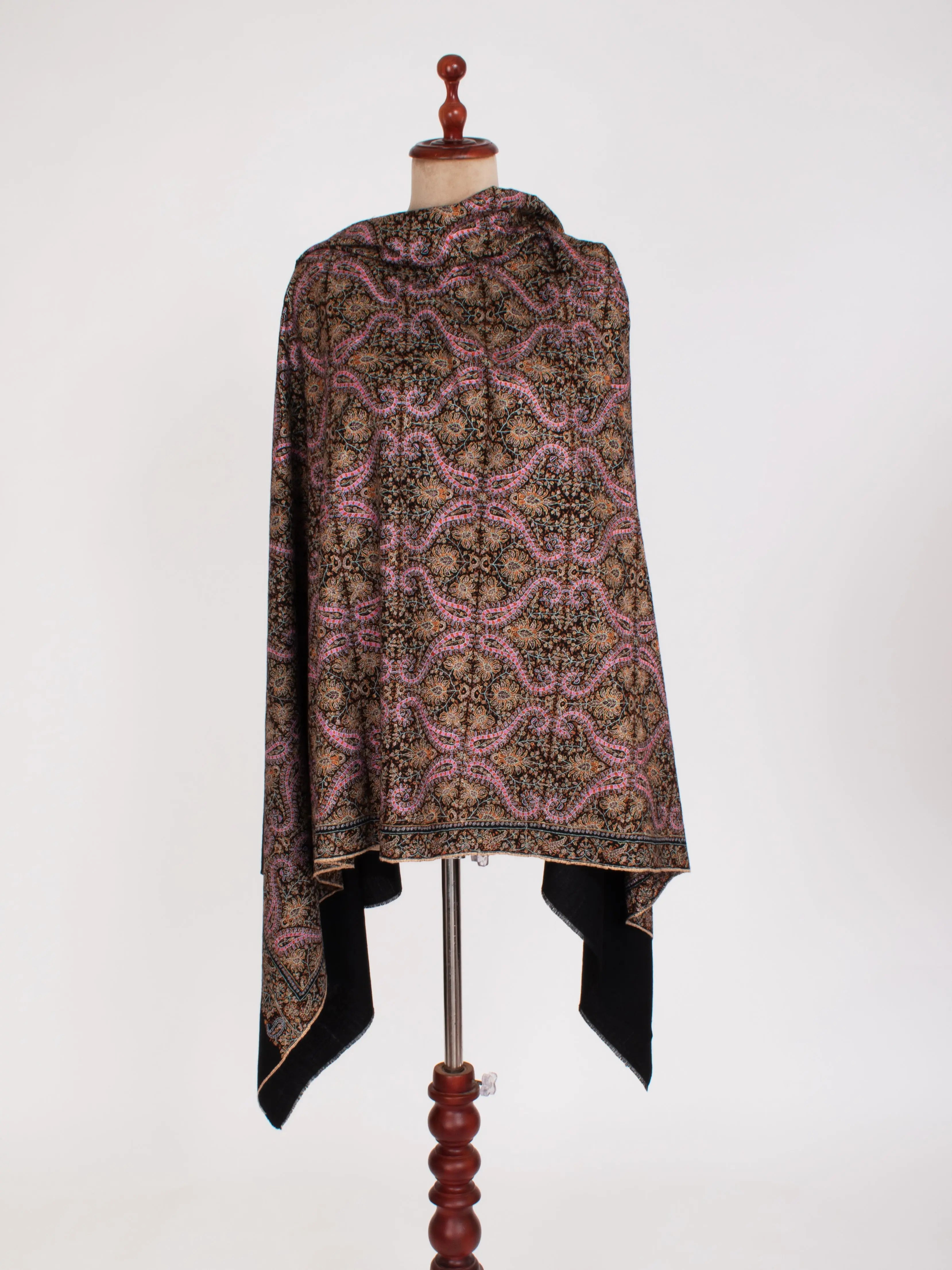 Black Silk Embroidery thread Pure Pashmina Evening Wrap Shahkaar