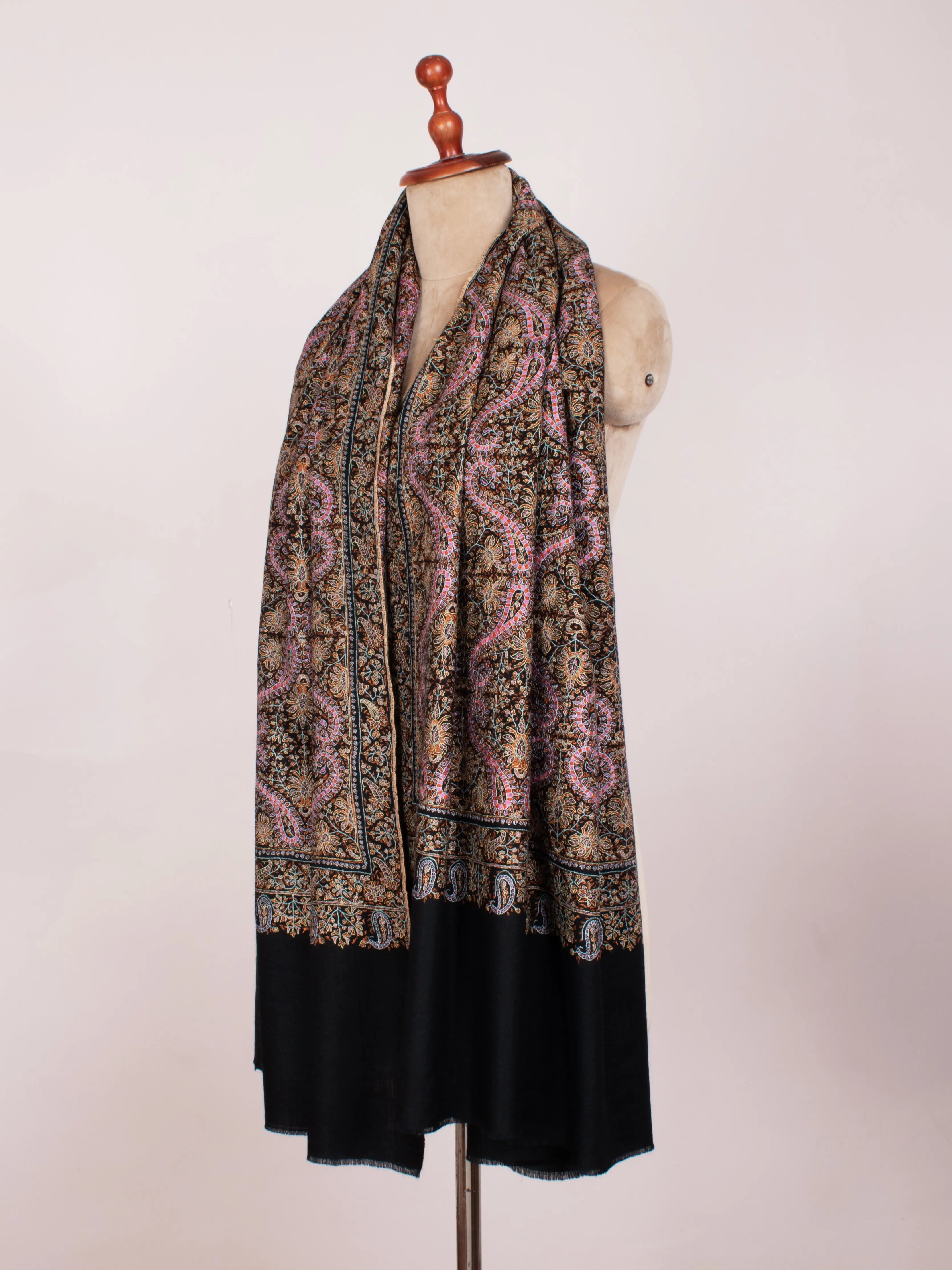 Black Silk Embroidery thread Pure Pashmina Evening Wrap Shahkaar