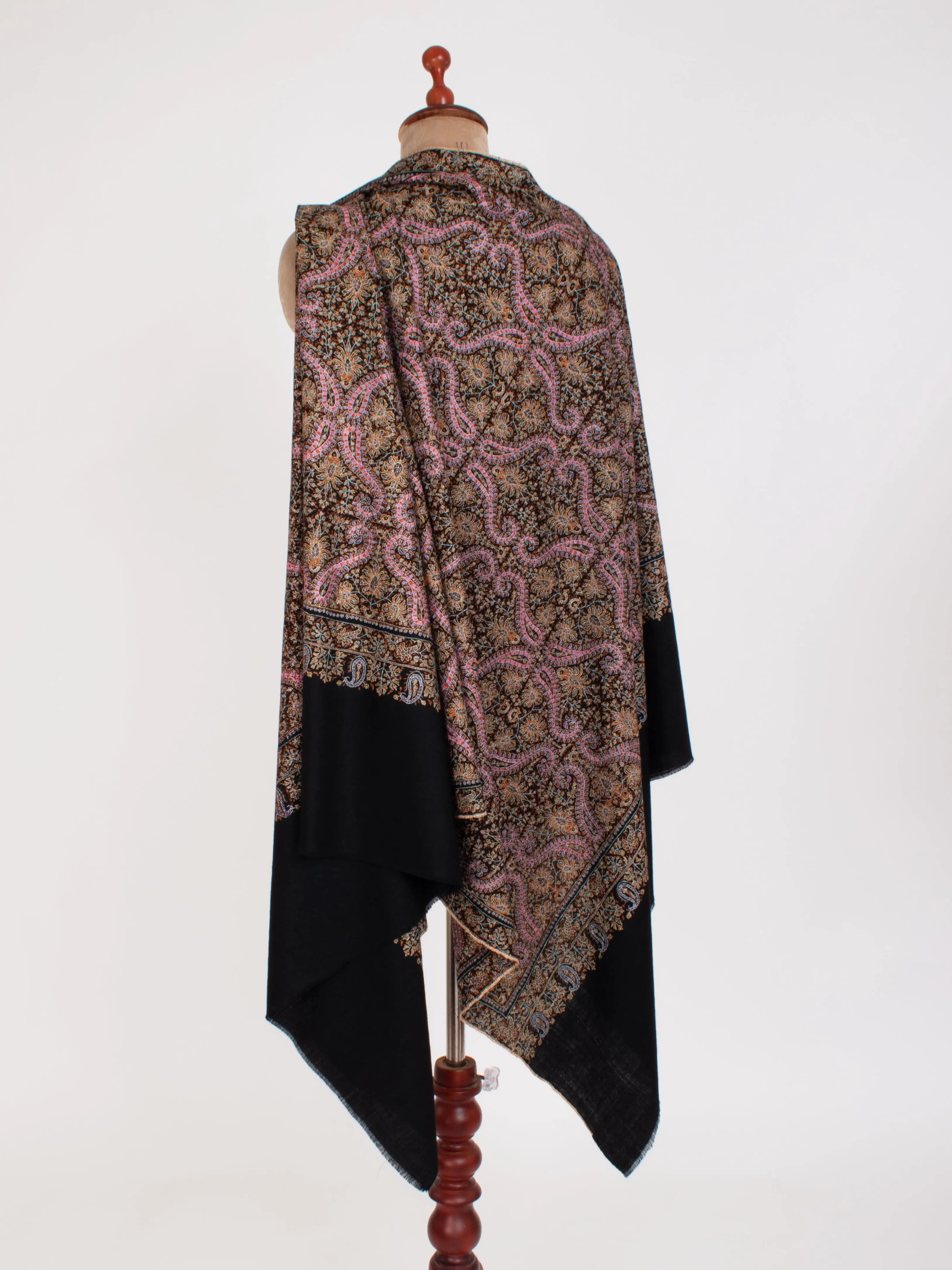 Black Silk Embroidery thread Pure Pashmina Evening Wrap Shahkaar