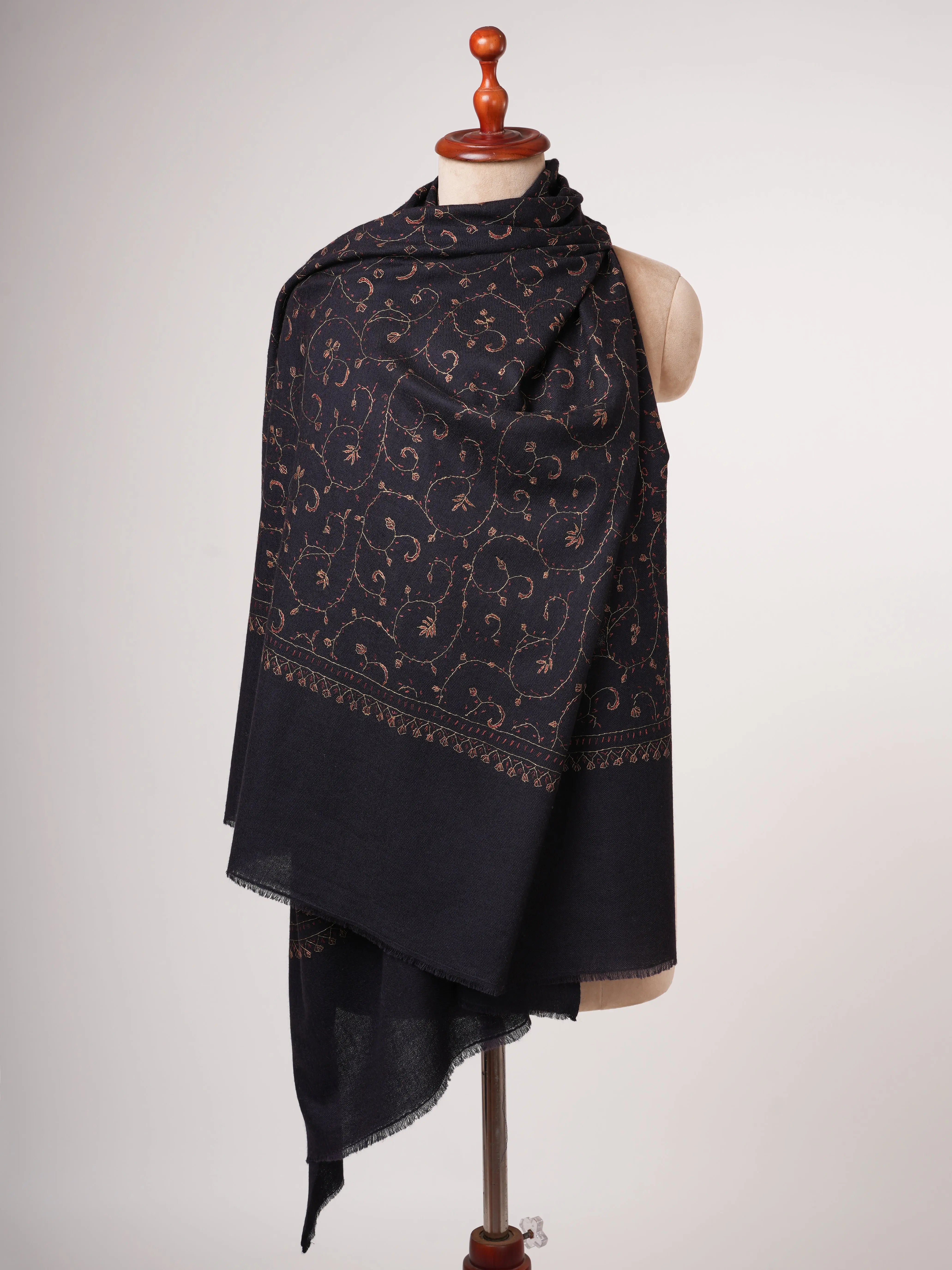 Black Silk Wool Shawl with Hand Embroidery Shahkaar