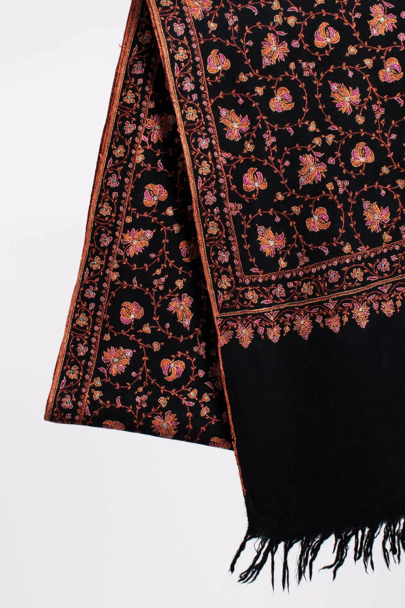 Black Sozni Embroidered Khaki Kaar Pashmina Shawl - WALPI Shahkaar