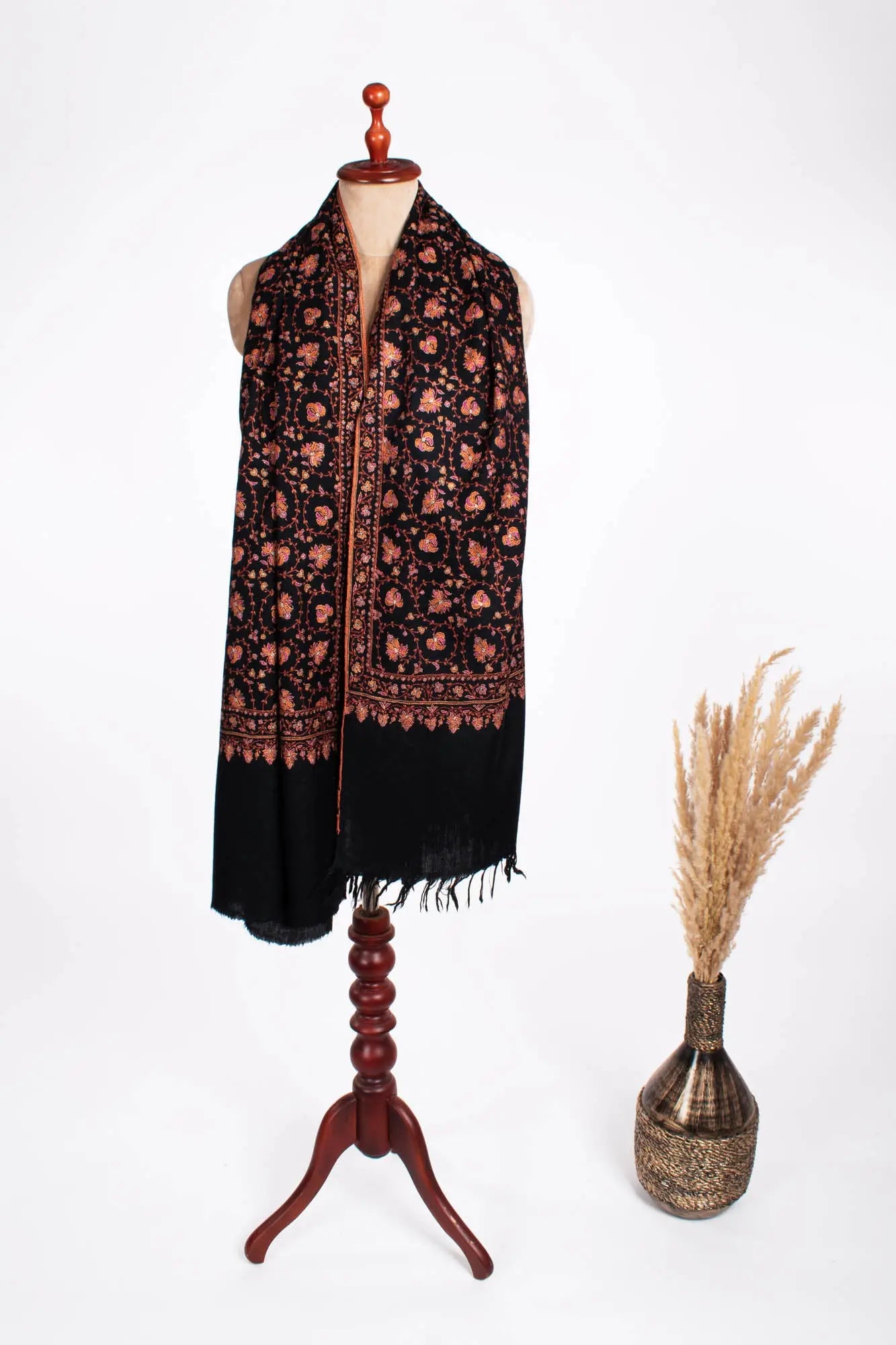Black Sozni Embroidered Khaki Kaar Pashmina Shawl - WALPI Shahkaar