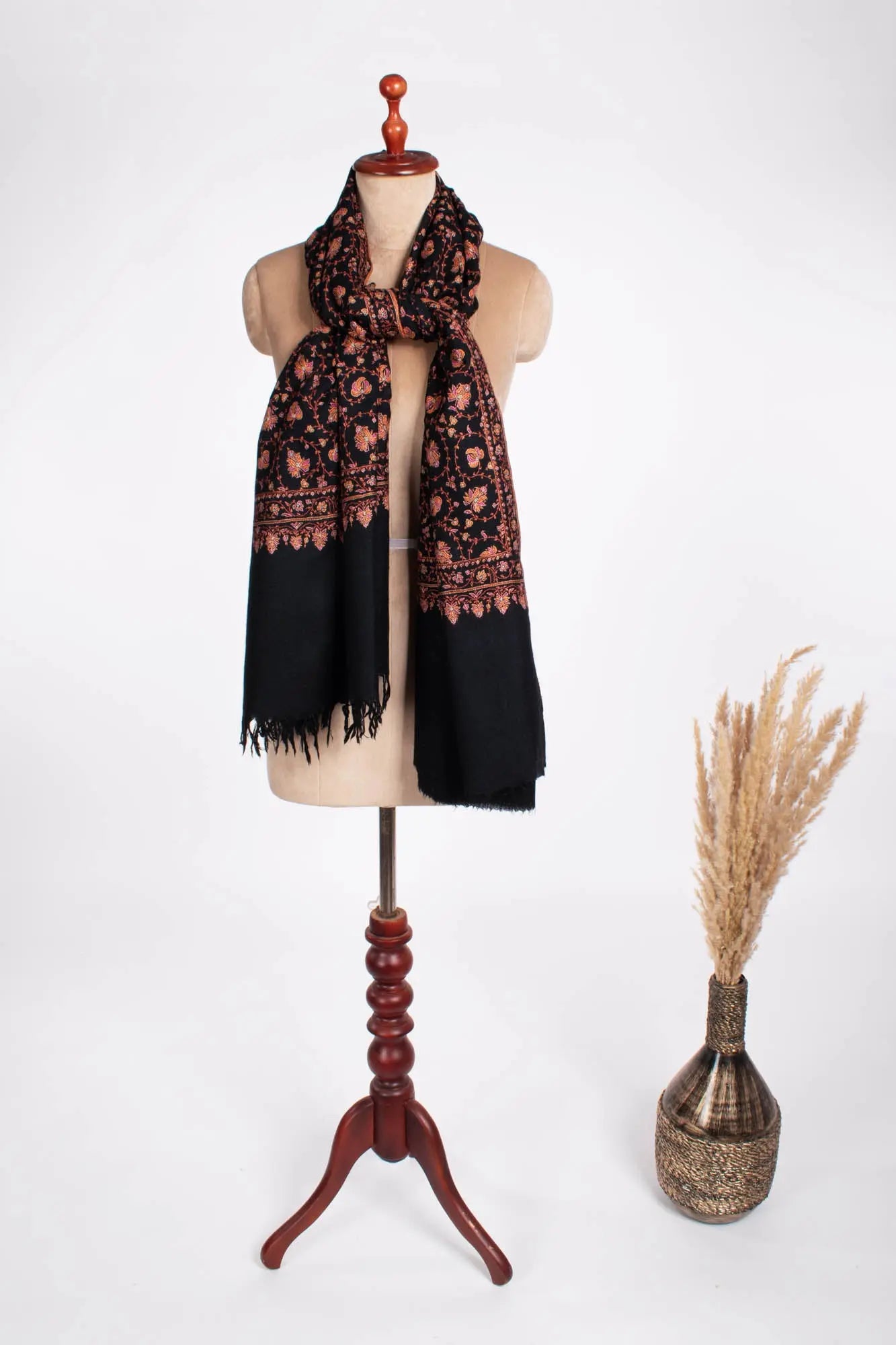 Black Sozni Embroidered Khaki Kaar Pashmina Shawl - WALPI Shahkaar