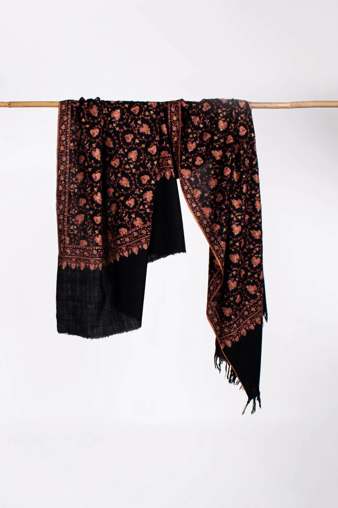 Black Sozni Embroidered Khaki Kaar Pashmina Shawl - WALPI Shahkaar