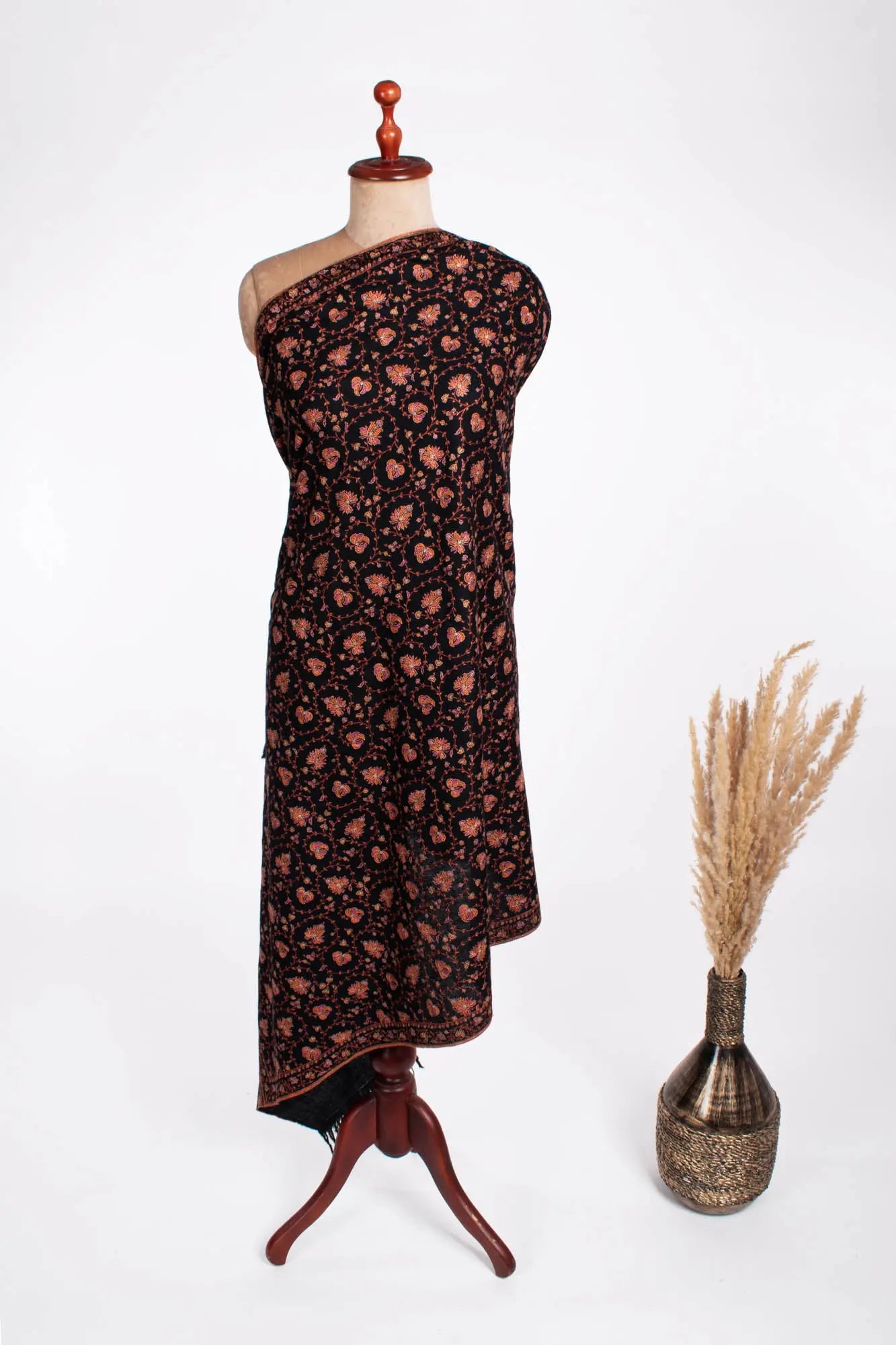 Black Sozni Embroidered Khaki Kaar Pashmina Shawl - WALPI Shahkaar