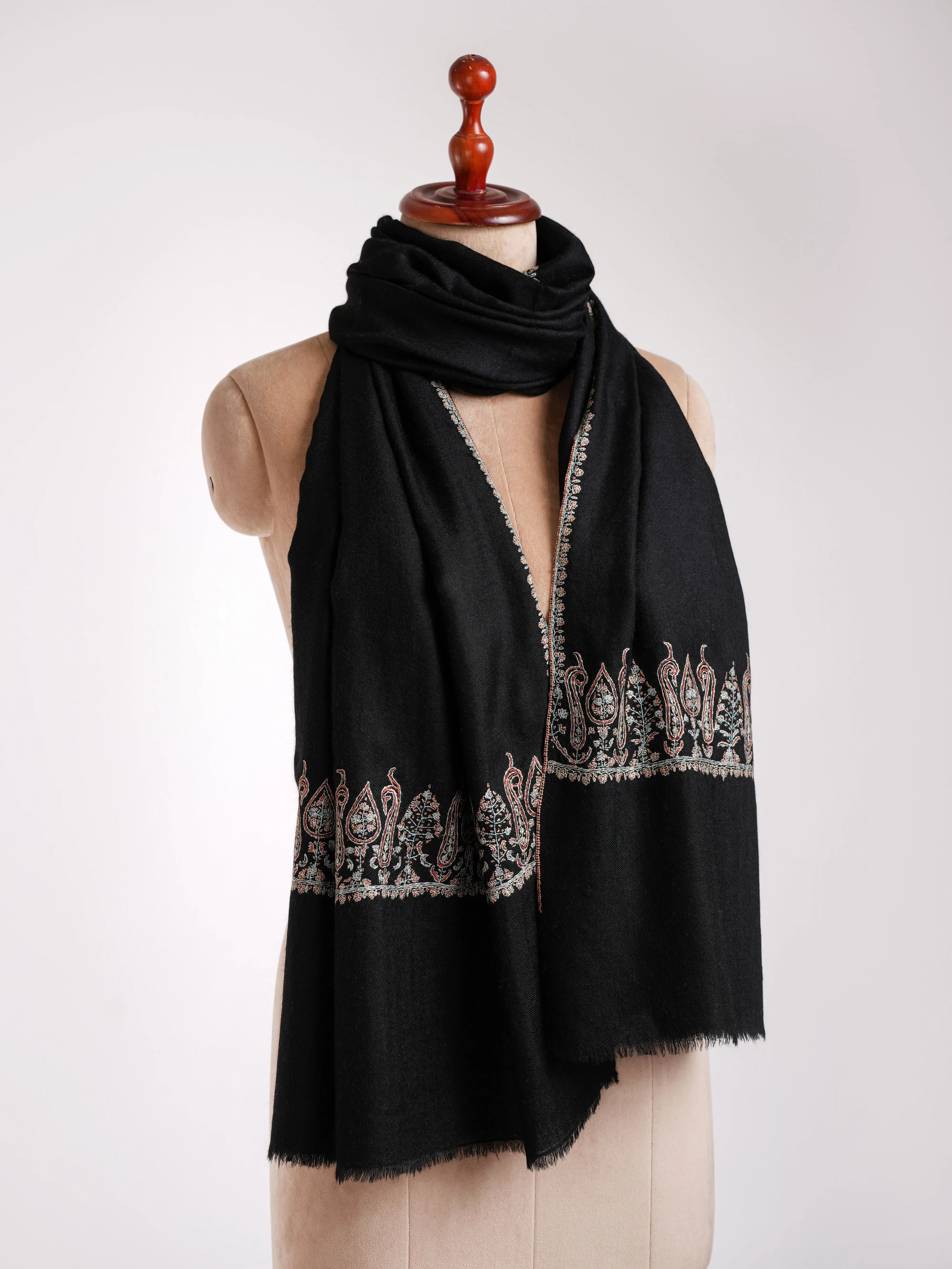 Black Sozni Embroidered Paisley Cashmere Stole Shahkaar