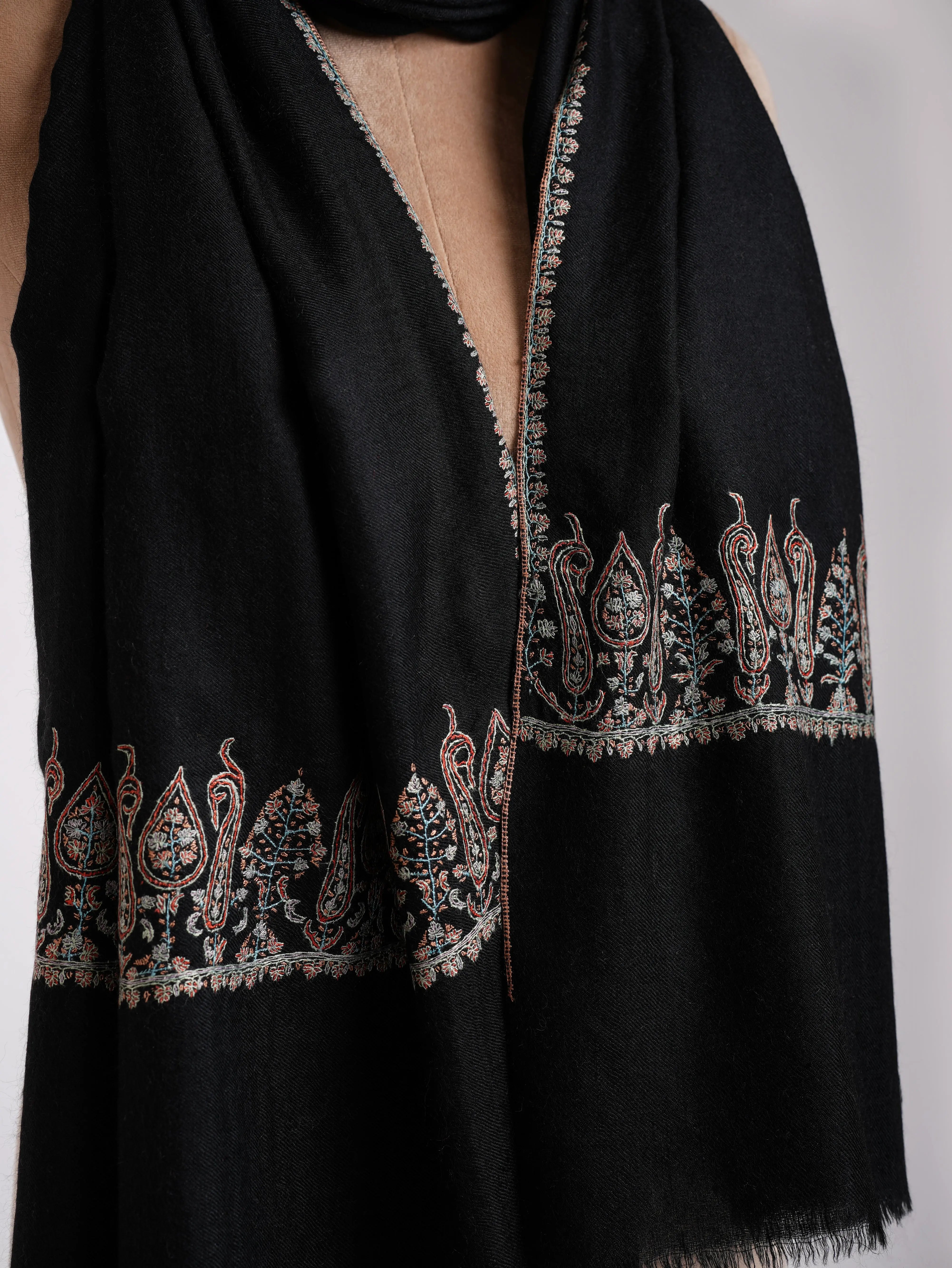 Black Sozni Embroidered Paisley Cashmere Stole Shahkaar