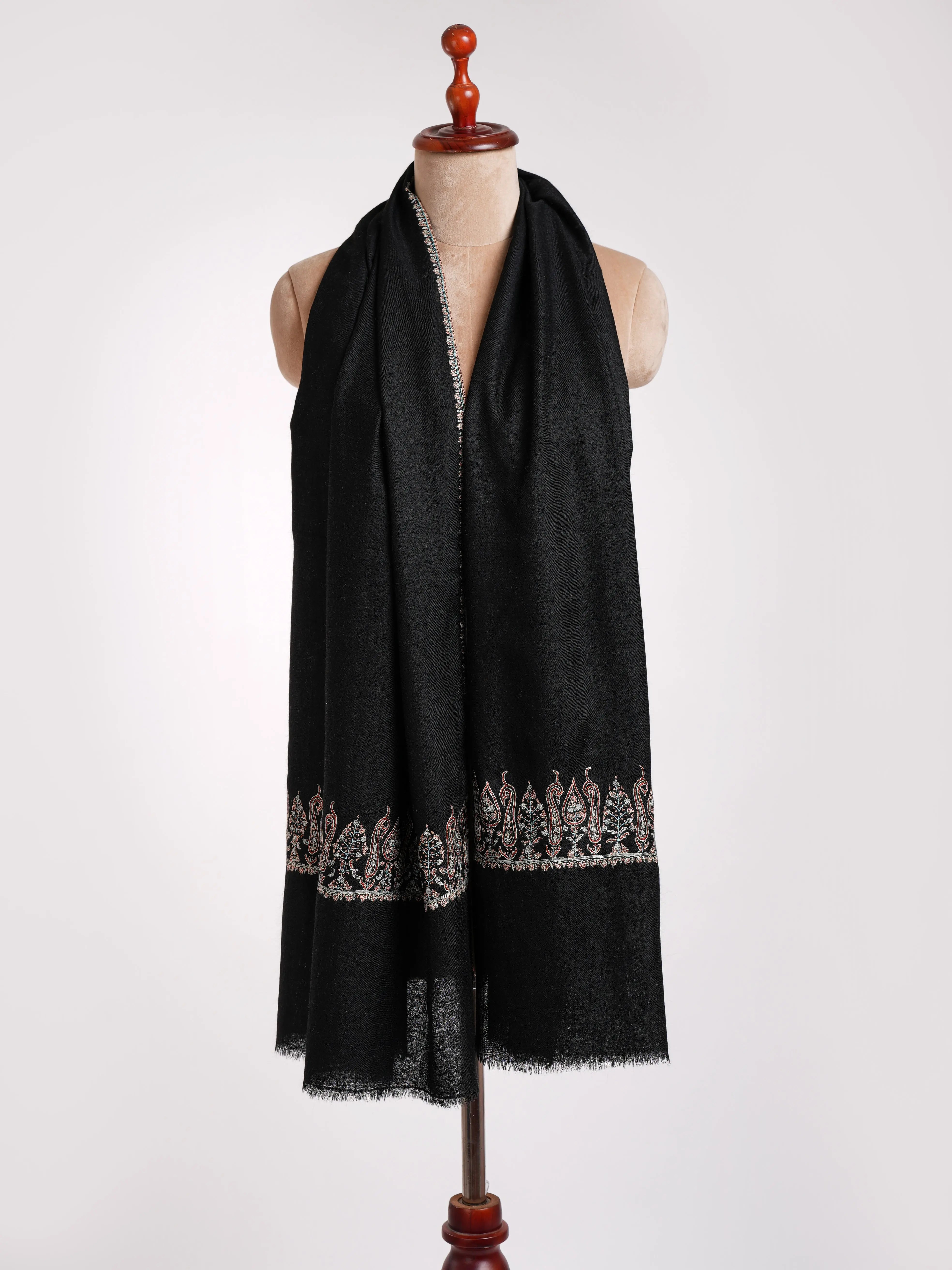 Black Sozni Embroidered Paisley Cashmere Stole Shahkaar