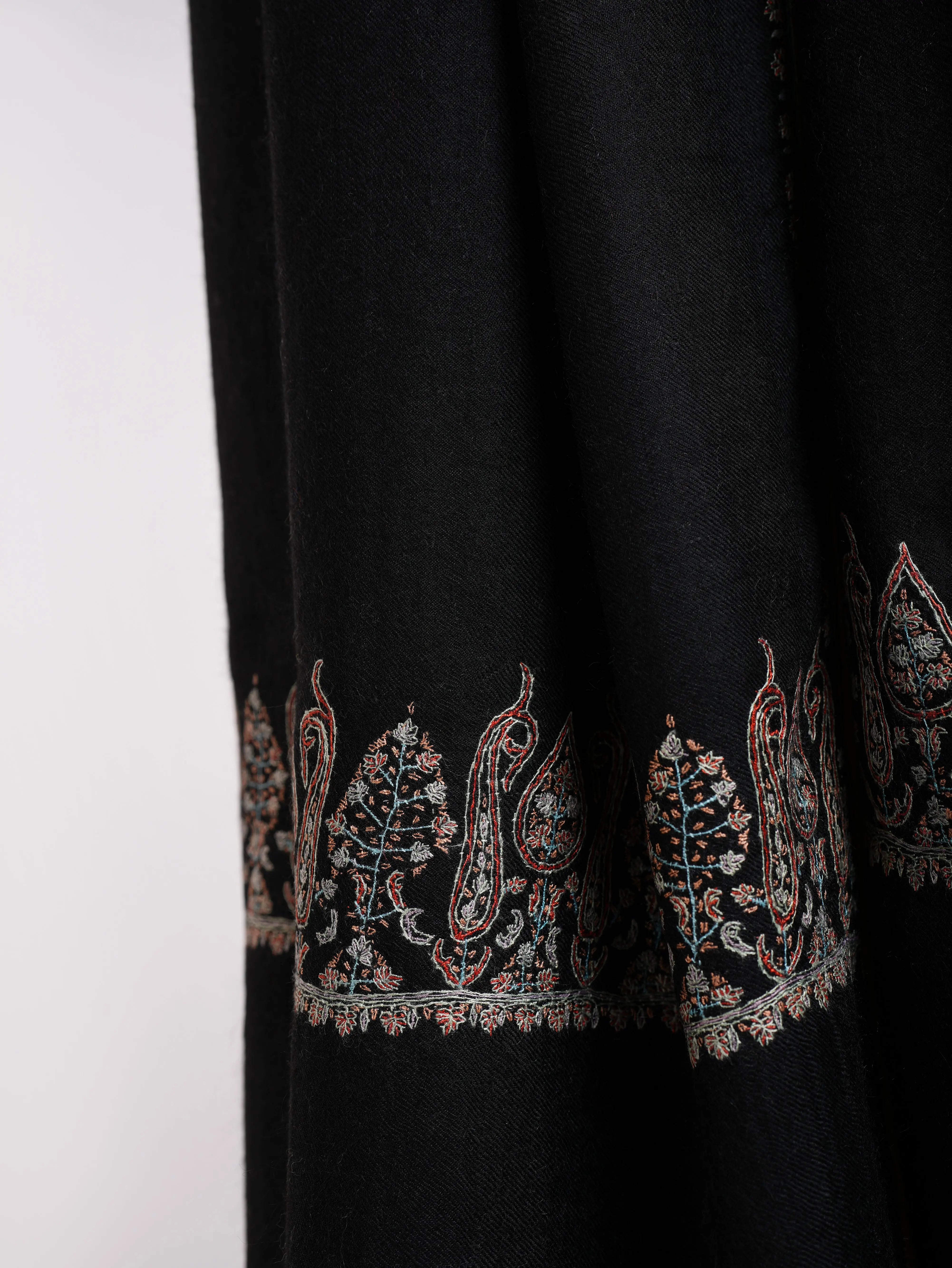 Black Sozni Embroidered Paisley Cashmere Stole Shahkaar
