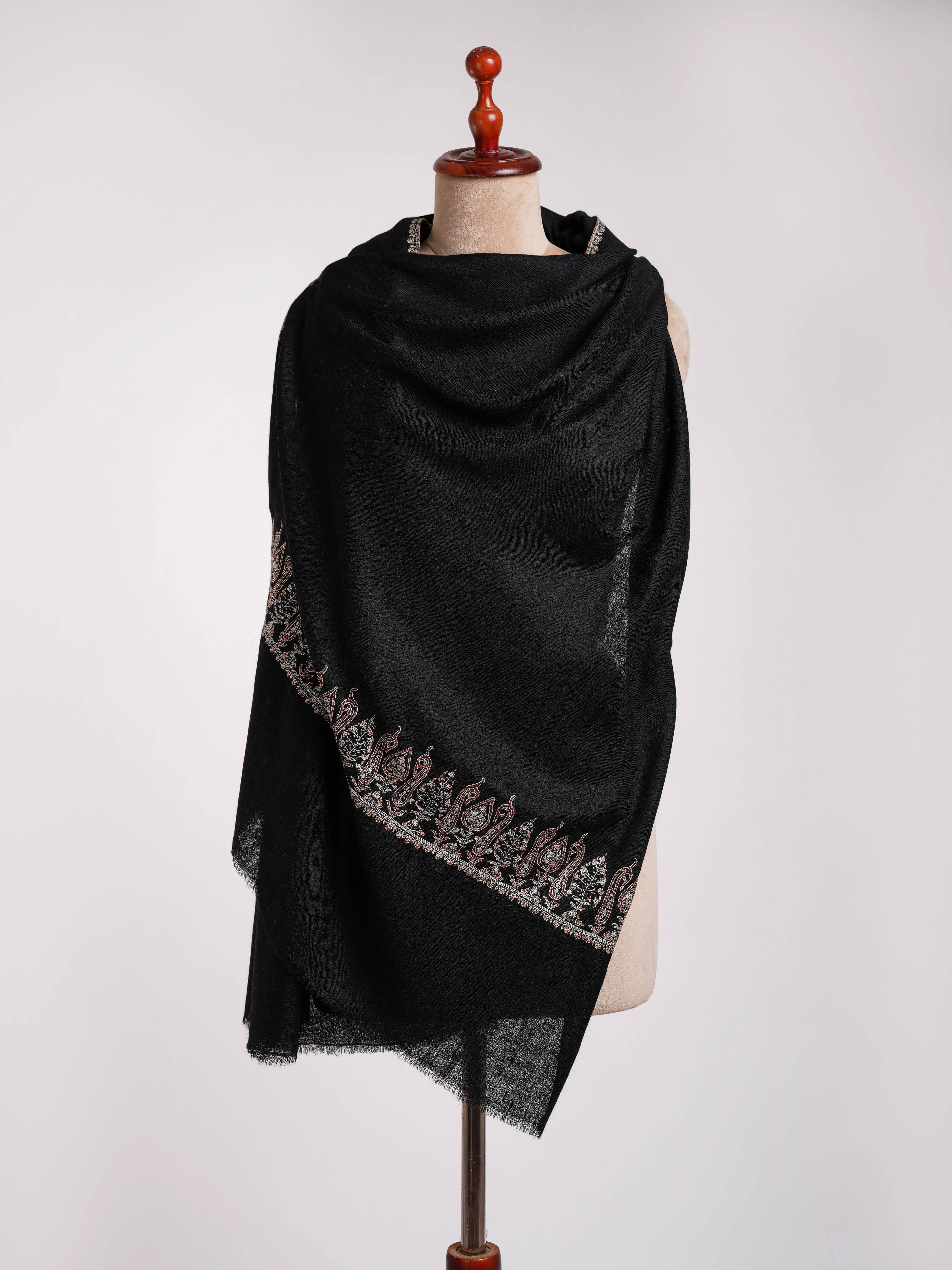 Black Sozni Embroidered Paisley Cashmere Stole Shahkaar