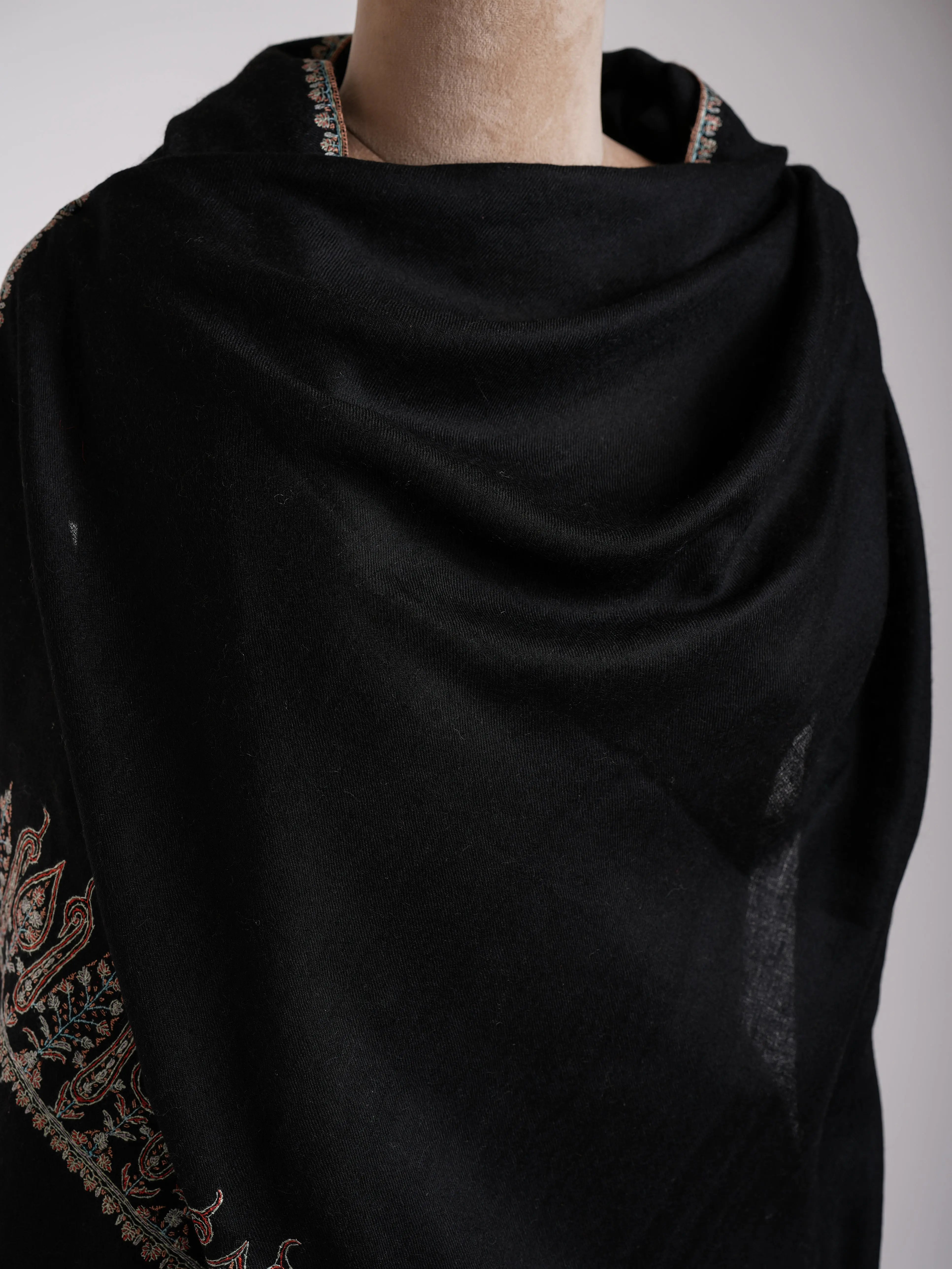 Black Sozni Embroidered Paisley Cashmere Stole Shahkaar