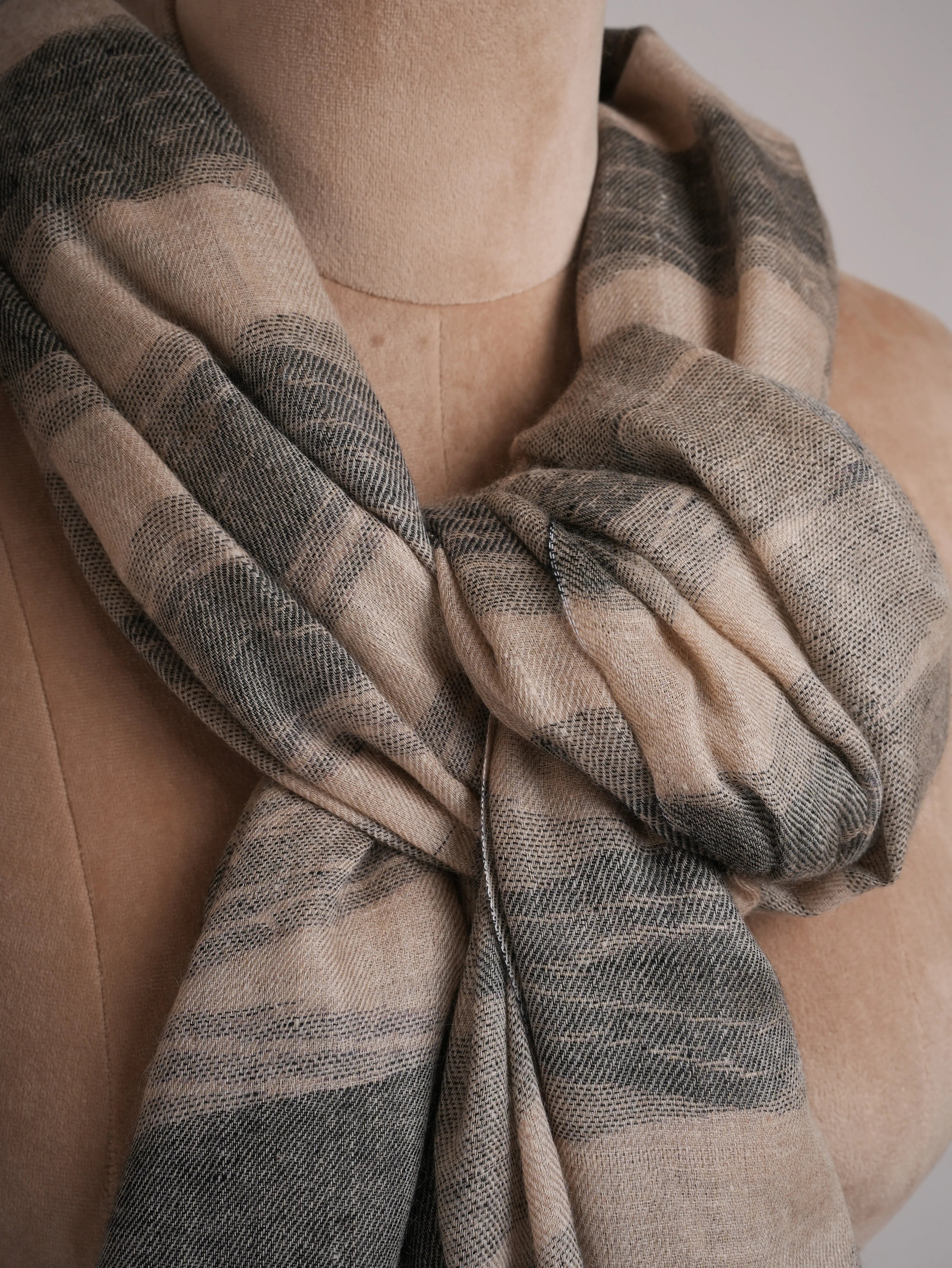 Black and Beige Lightweight Authentic Pashmina Shawl Shahkaar