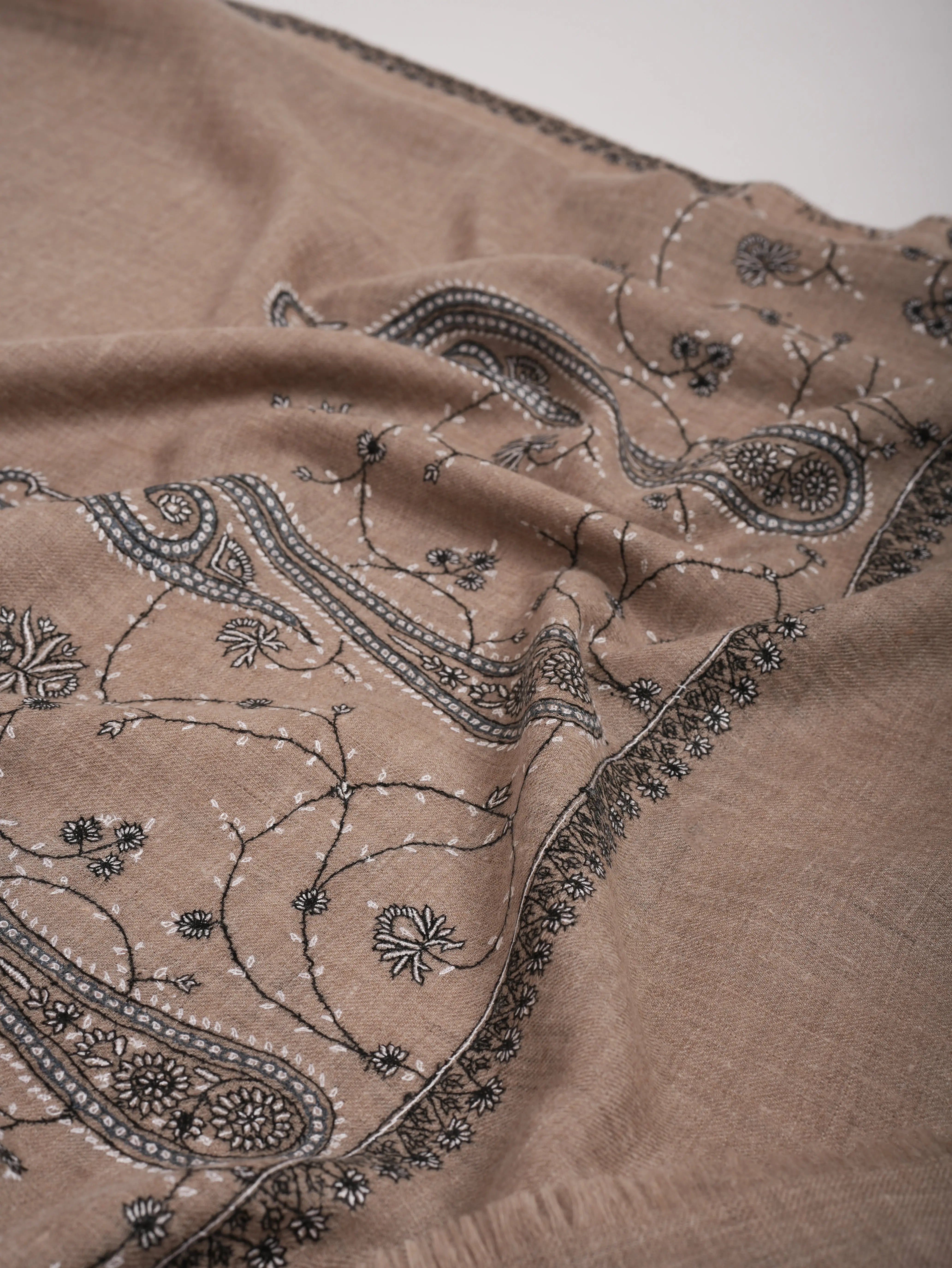 Black and Taupe Embroidered Featherlight Cashmere Wrap Shahkaar