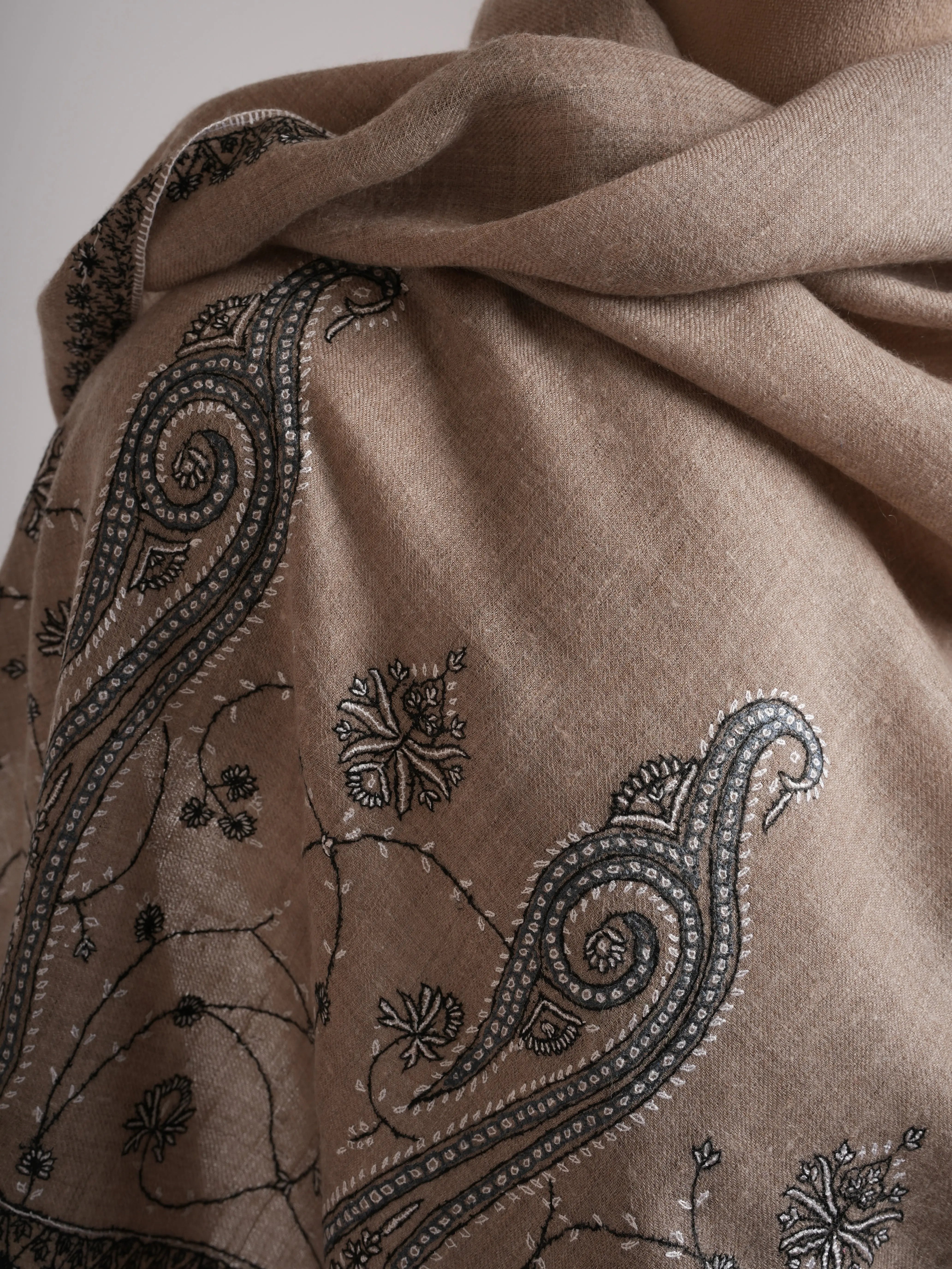 Black and Taupe Embroidered Featherlight Cashmere Wrap Shahkaar