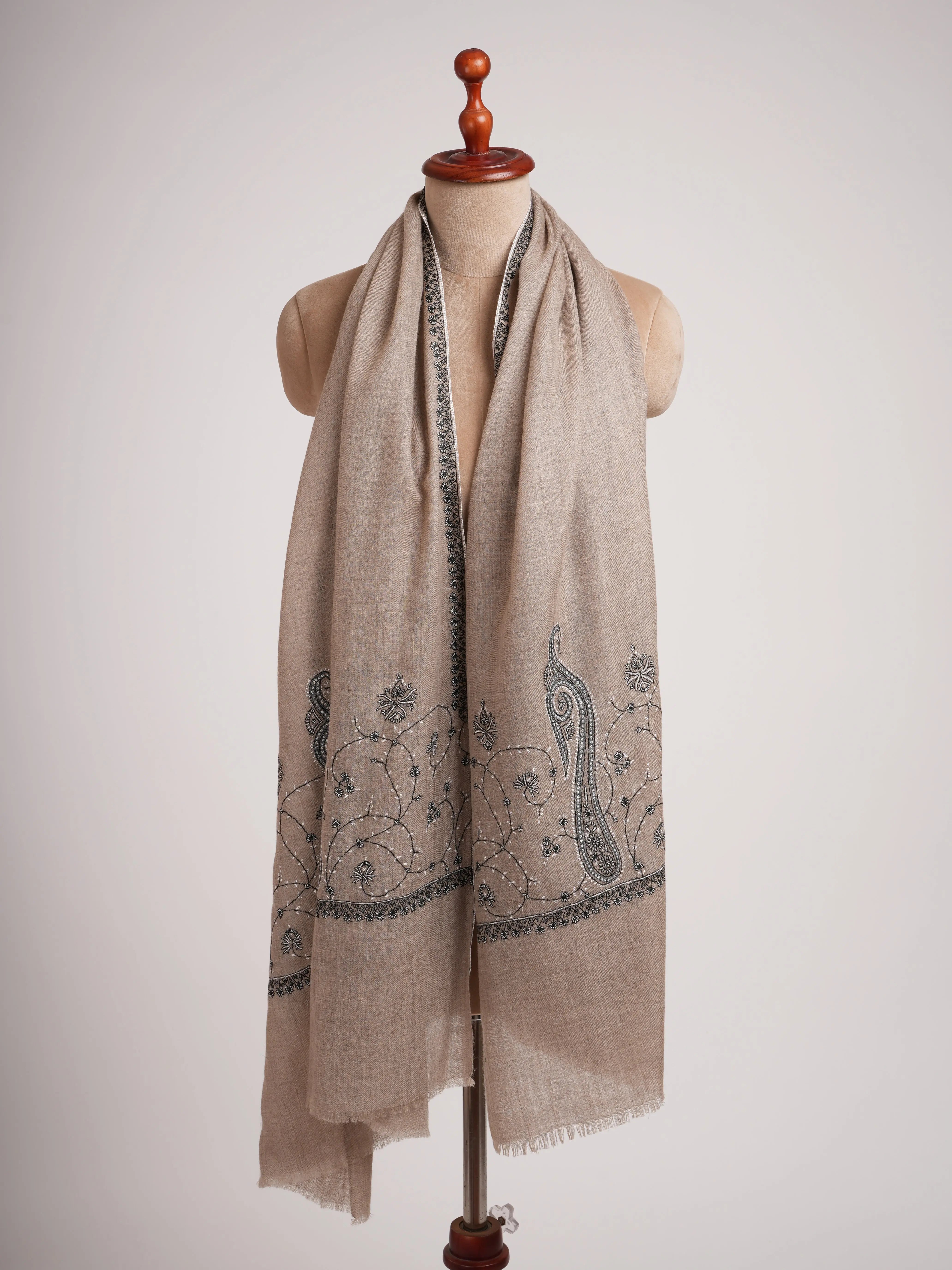 Black and Taupe Embroidered Featherlight Cashmere Wrap Shahkaar