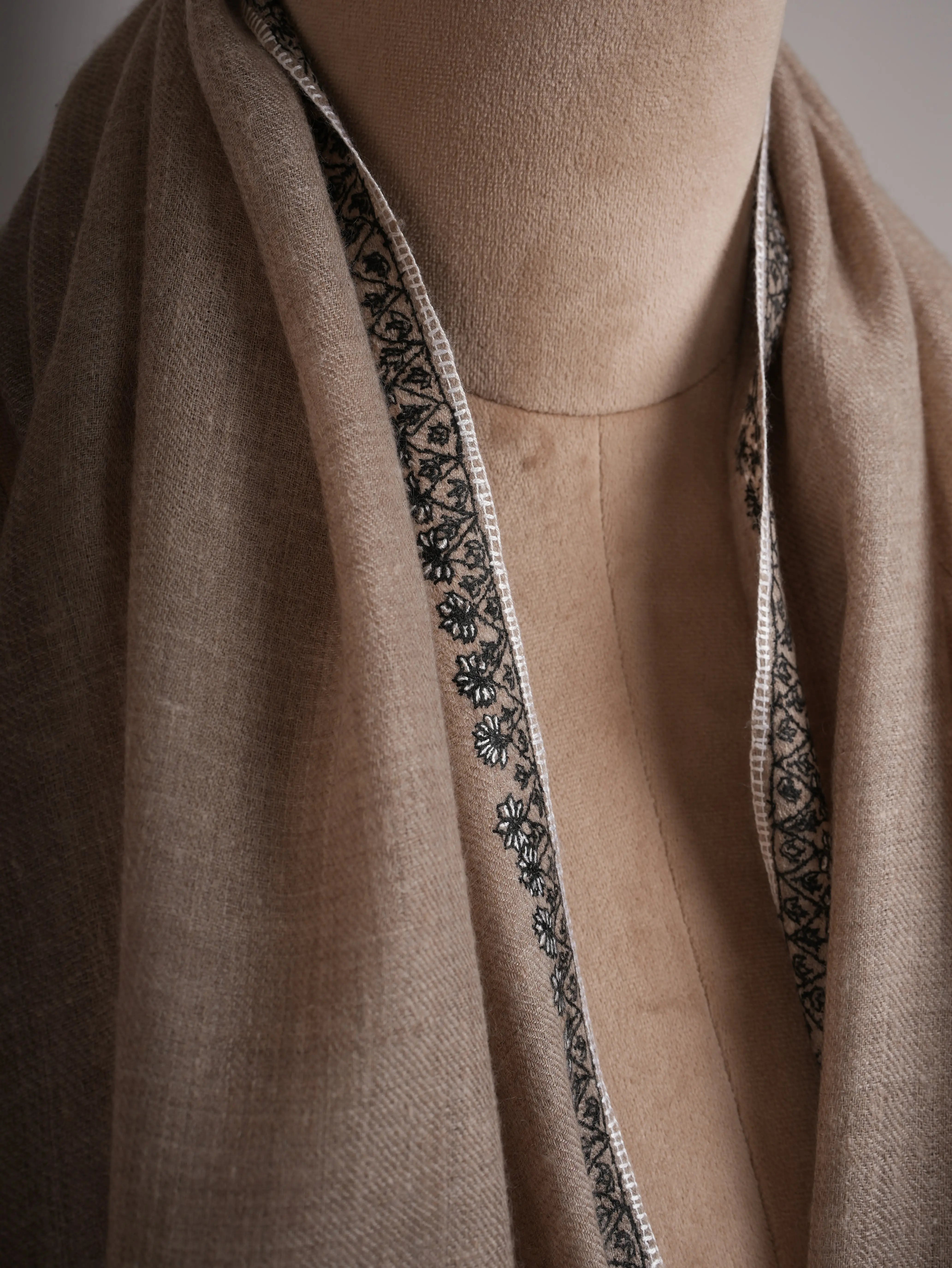 Black and Taupe Embroidered Featherlight Cashmere Wrap Shahkaar