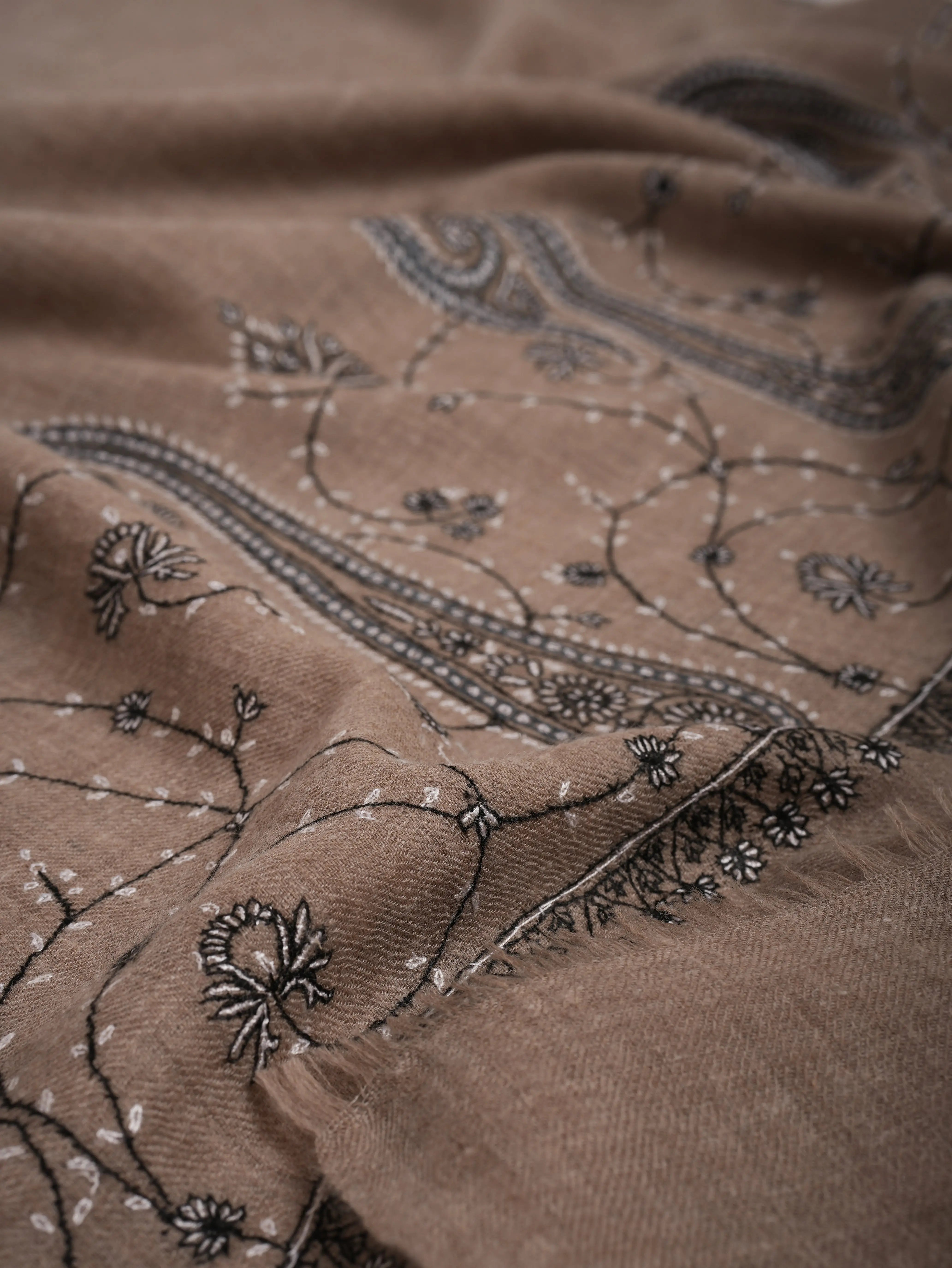 Black and Taupe Embroidered Featherlight Cashmere Wrap Shahkaar