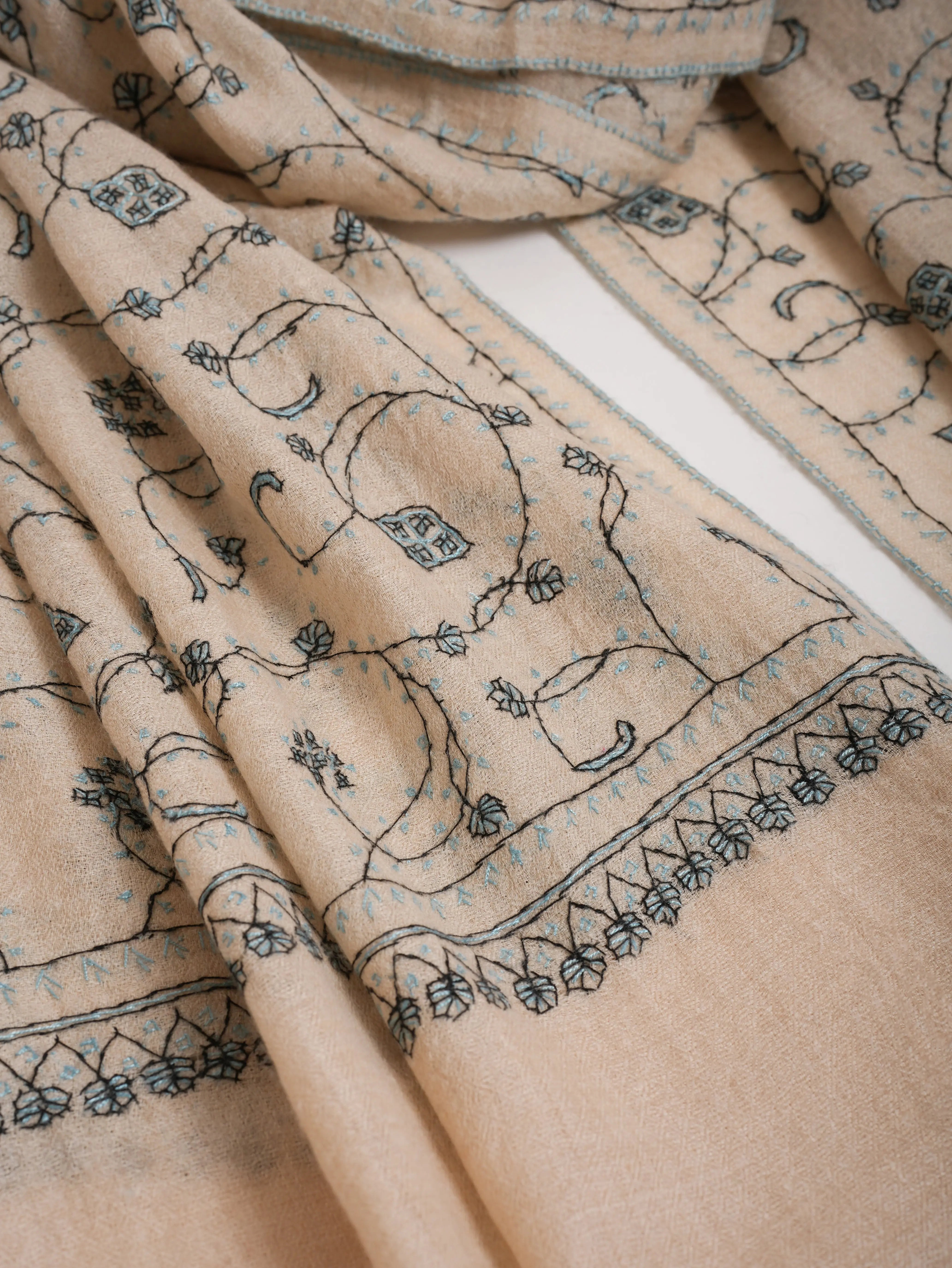 Black and Teal Embroidered Cashmere Pashmina Stole Shahkaar