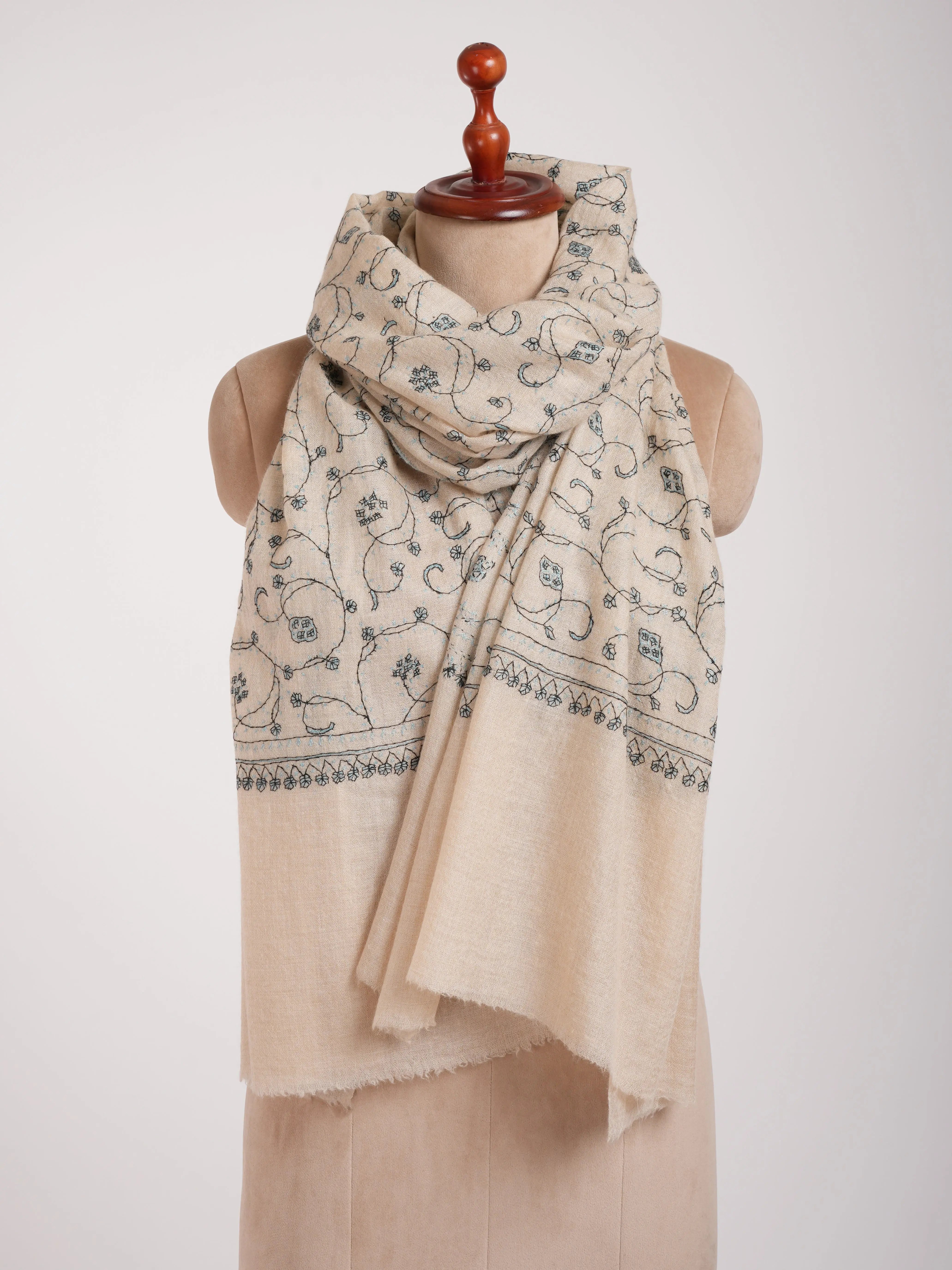 Black and Teal Embroidered Cashmere Pashmina Stole Shahkaar