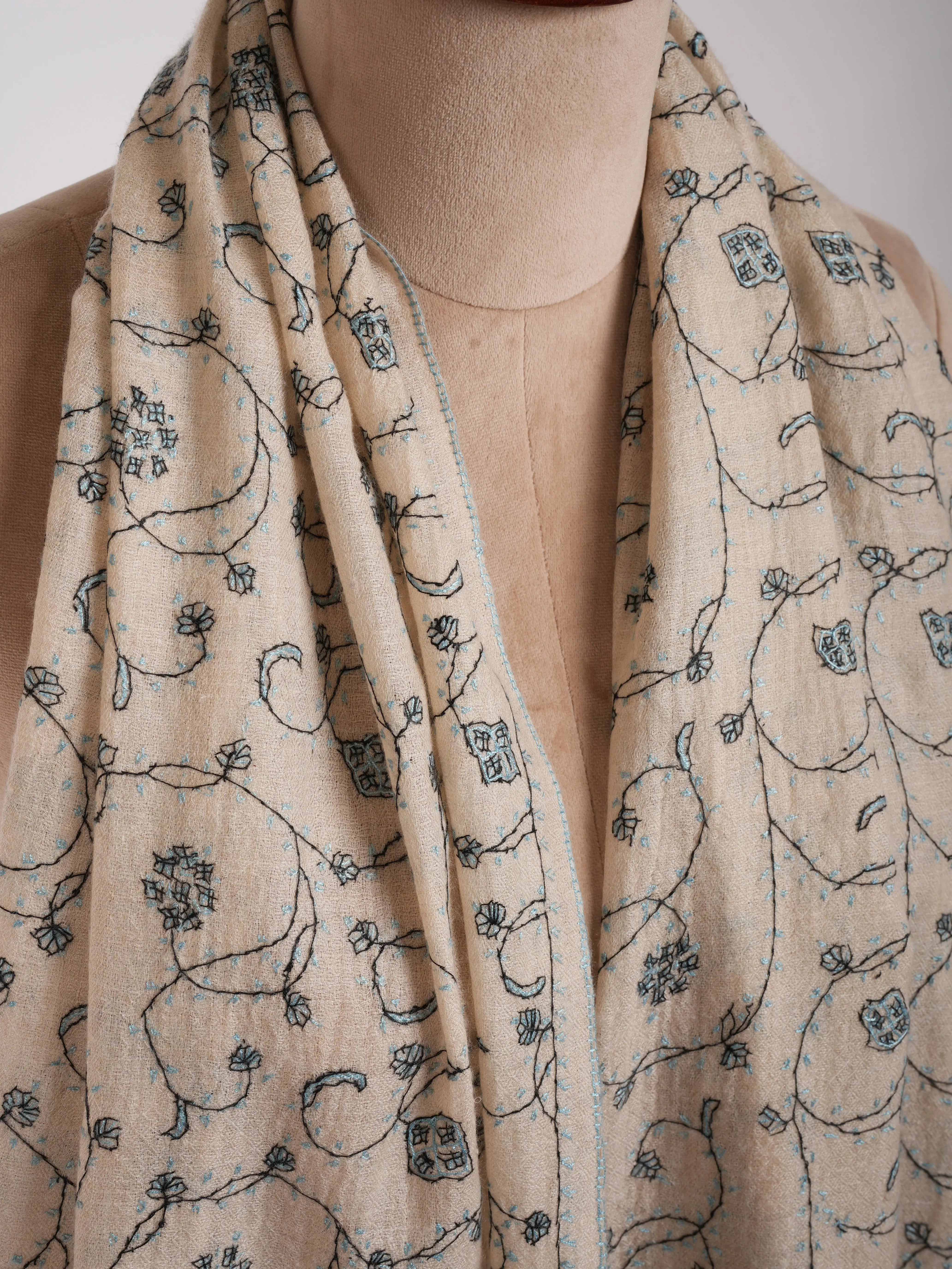 Black and Teal Embroidered Cashmere Pashmina Stole Shahkaar