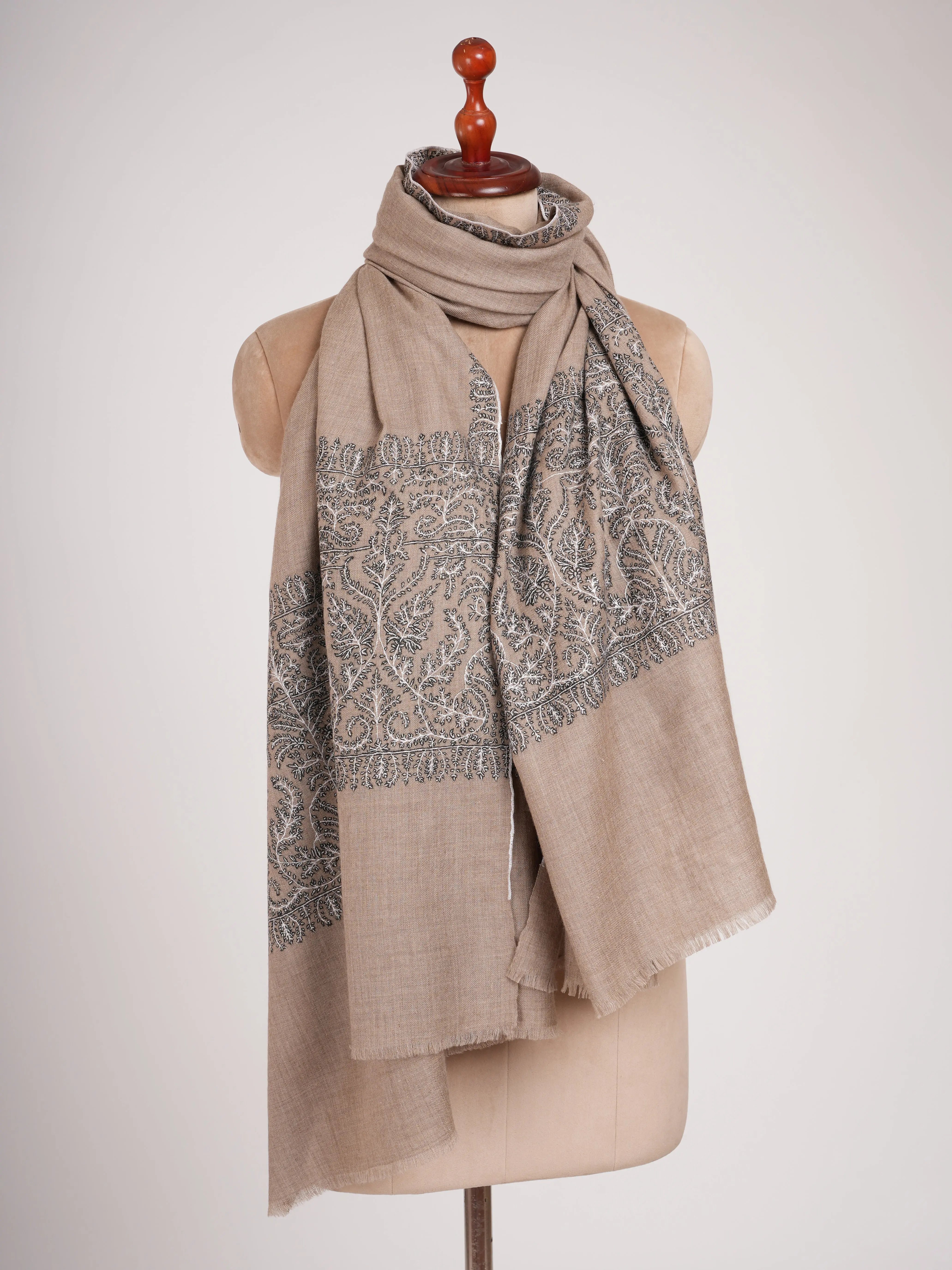 Black and White Embroidered Pure Pashmina Shawl Shahkaar