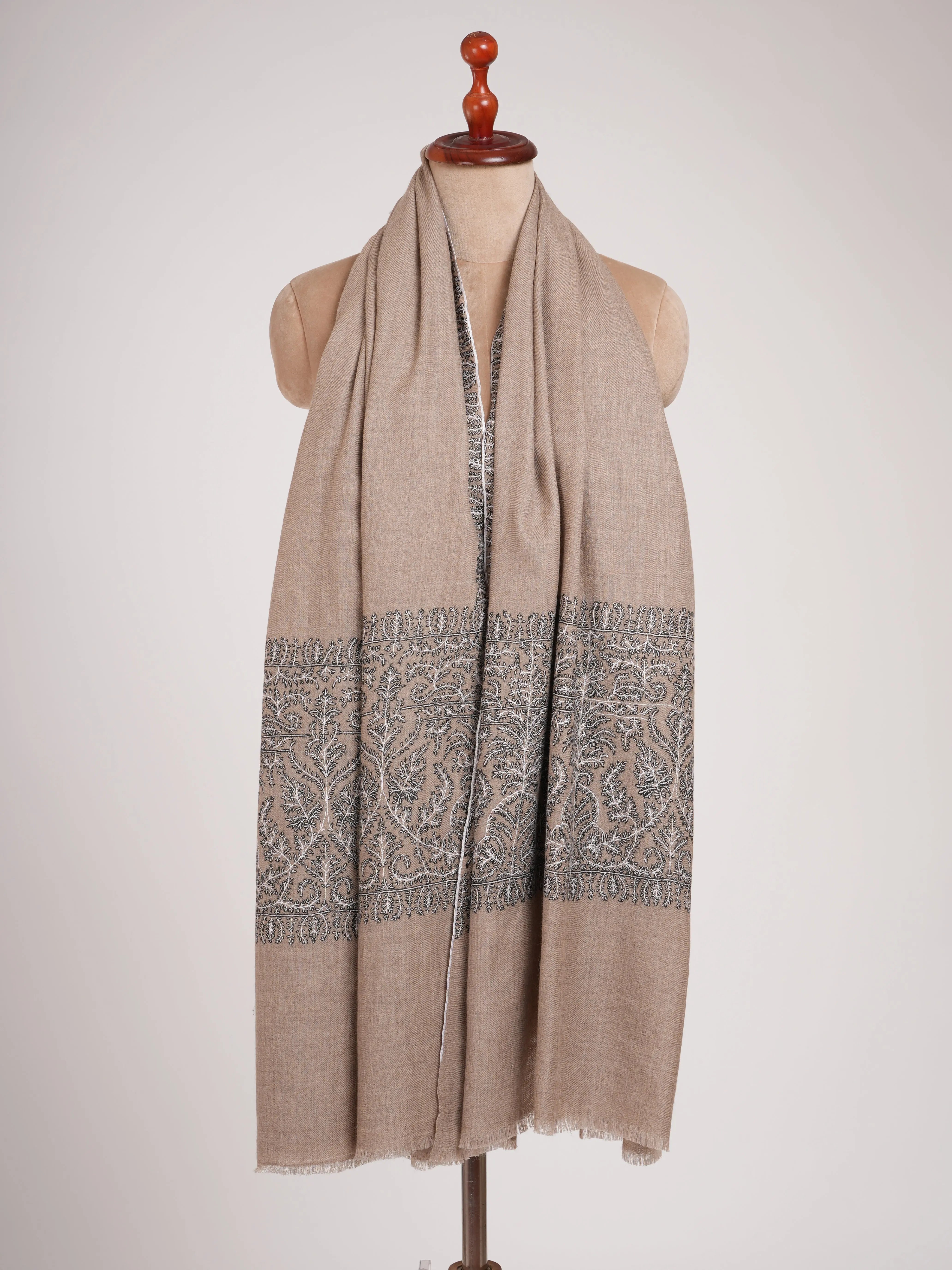 Black and White Embroidered Pure Pashmina Shawl Shahkaar