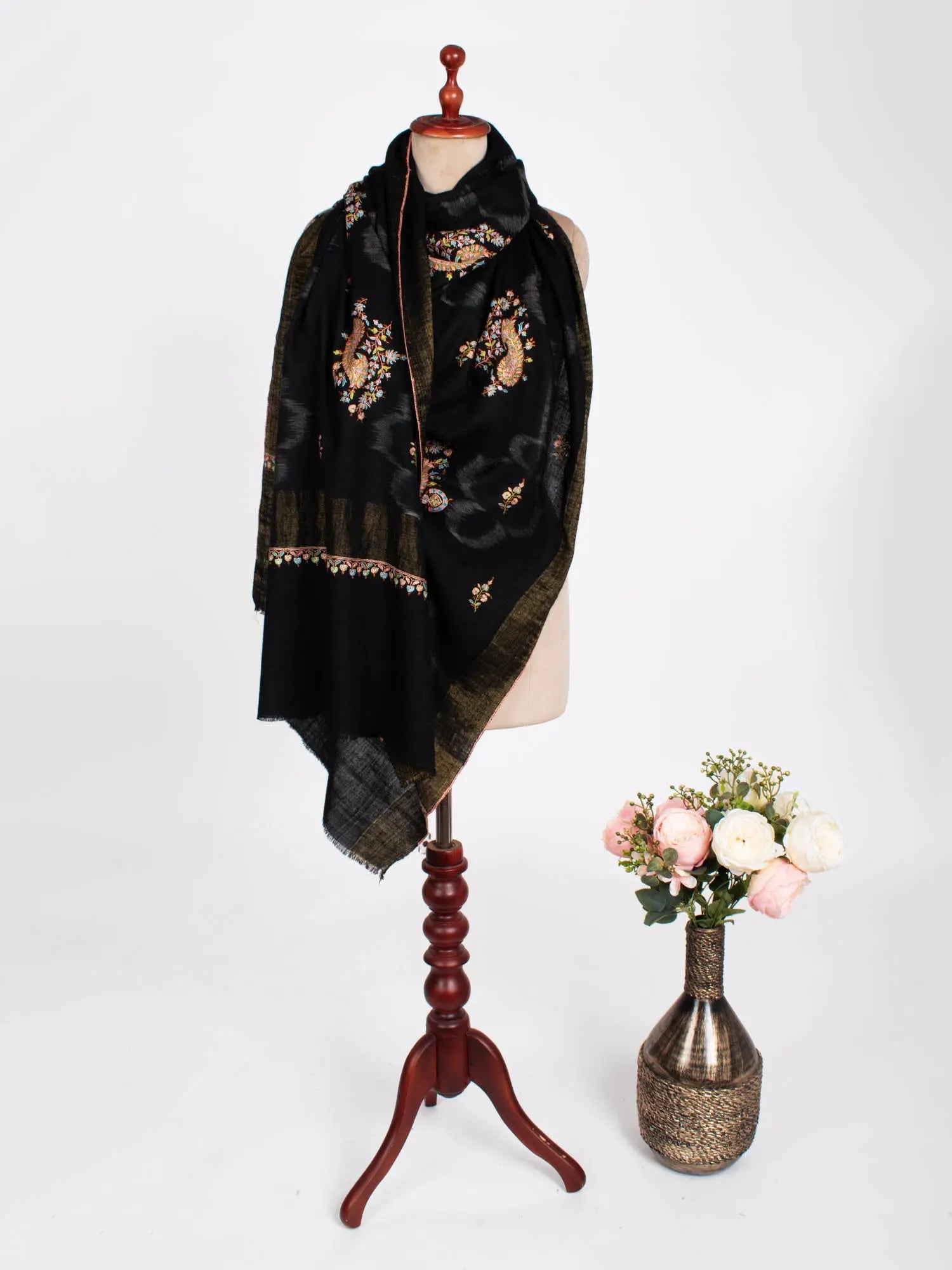 Black with Gold Zari Border Kashmiri Pashmina Shawl - SAN MATEO Shahkaar