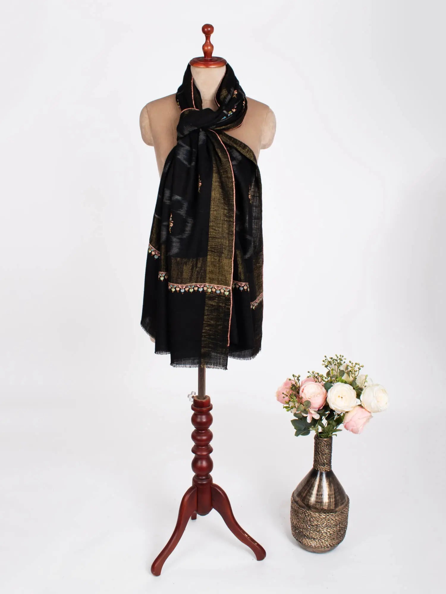Black with Gold Zari Border Kashmiri Pashmina Shawl - SAN MATEO Shahkaar