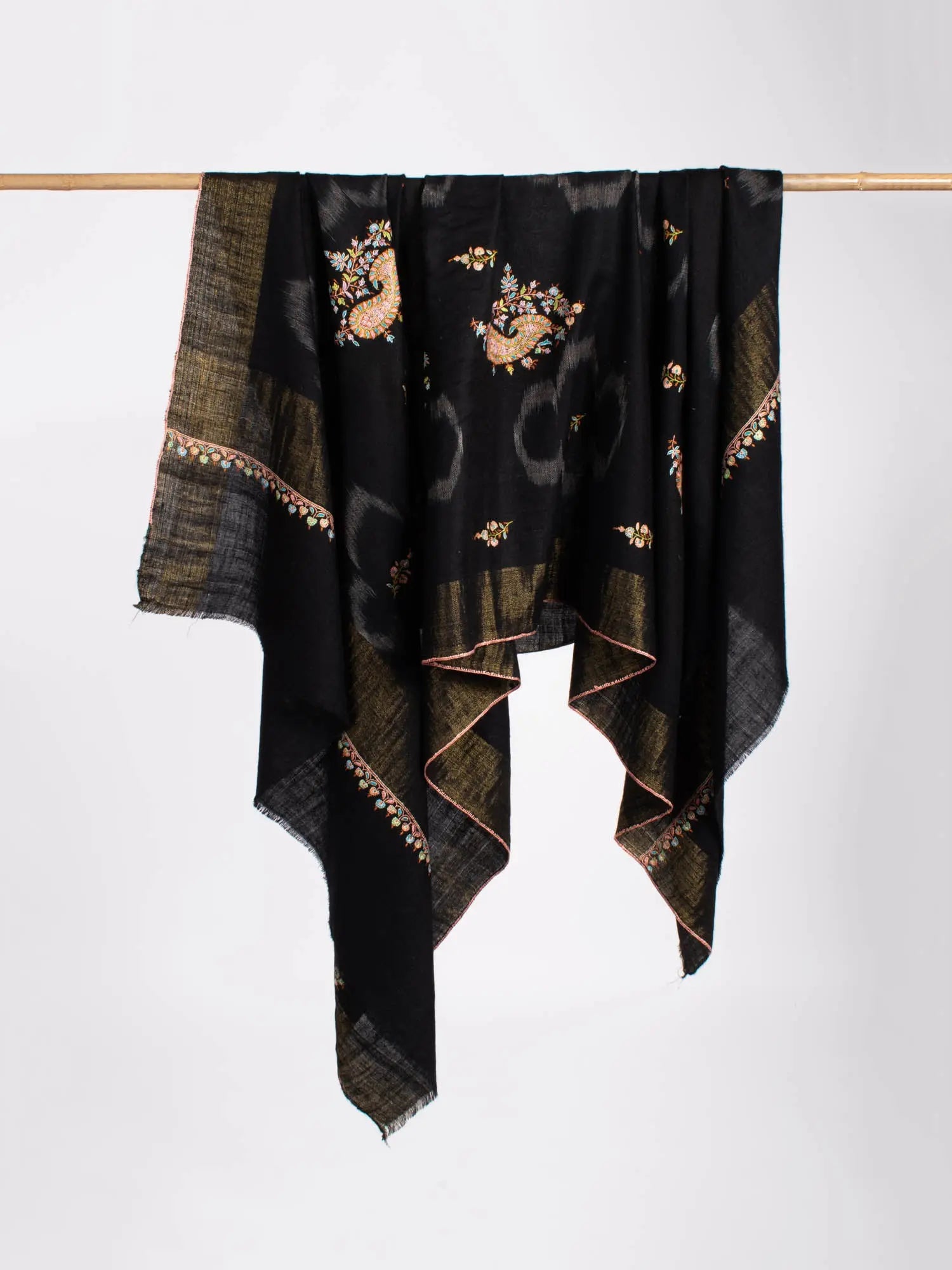 Black with Gold Zari Border Kashmiri Pashmina Shawl - SAN MATEO Shahkaar