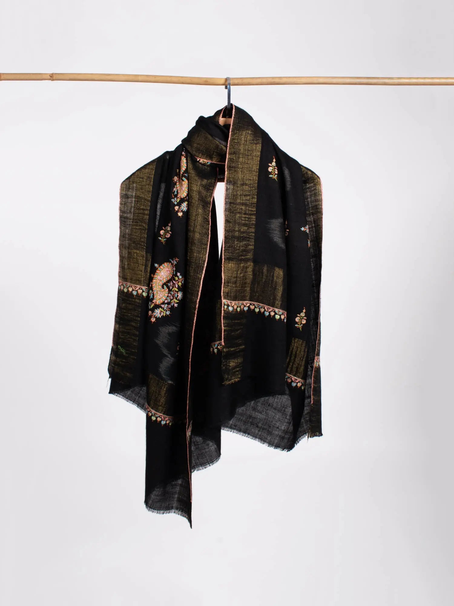 Black with Gold Zari Border Kashmiri Pashmina Shawl - SAN MATEO Shahkaar