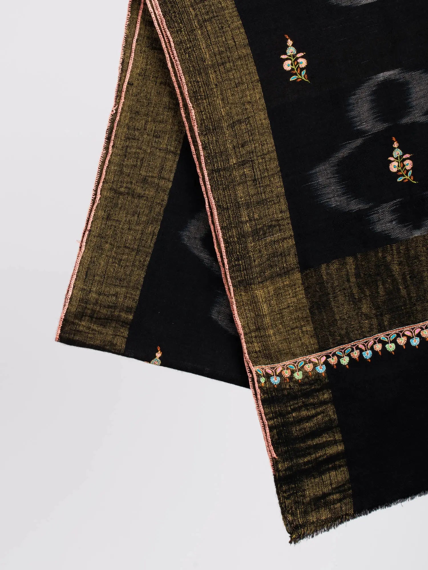Black with Gold Zari Border Kashmiri Pashmina Shawl - SAN MATEO Shahkaar