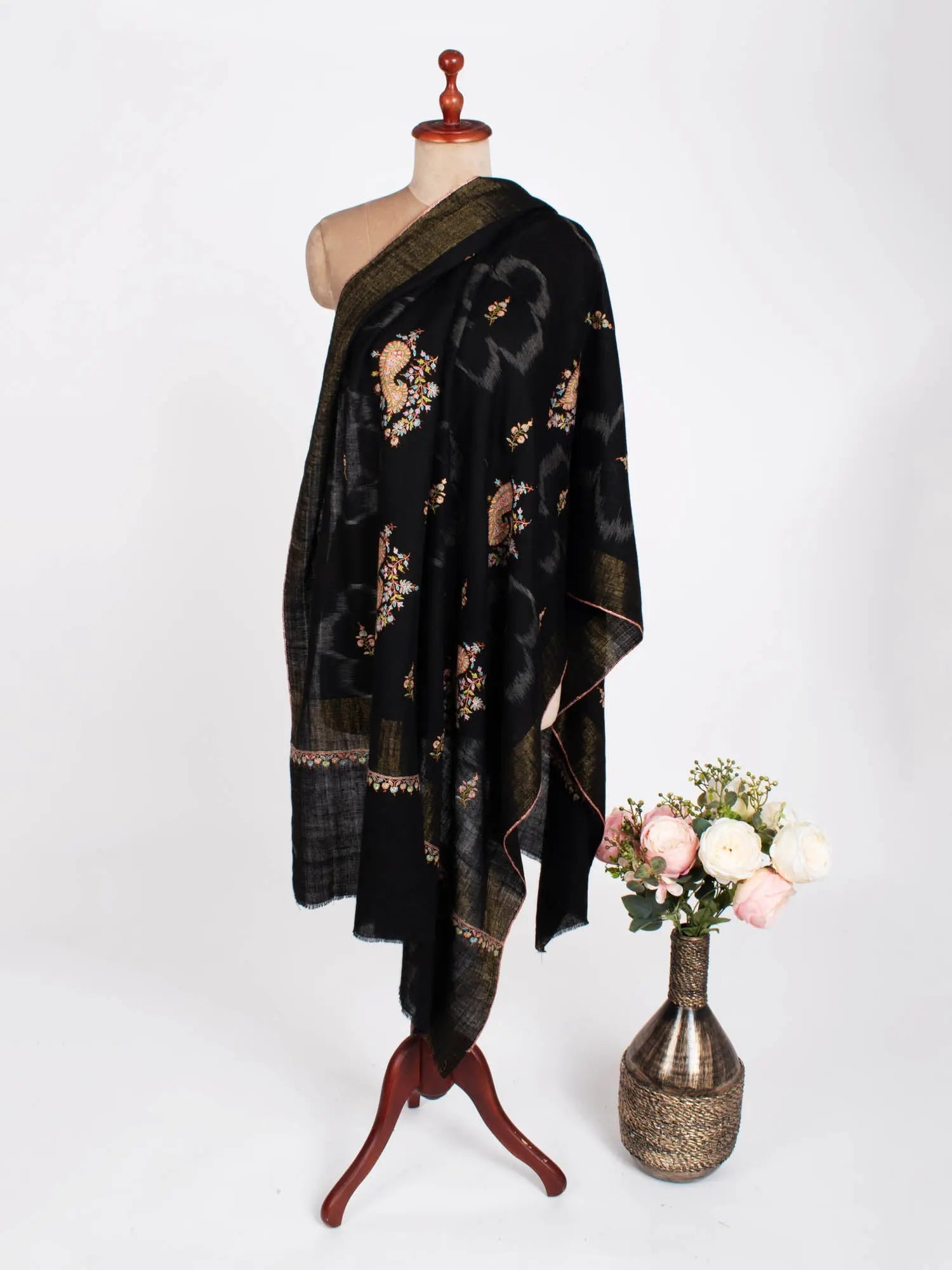 Black with Gold Zari Border Kashmiri Pashmina Shawl - SAN MATEO Shahkaar