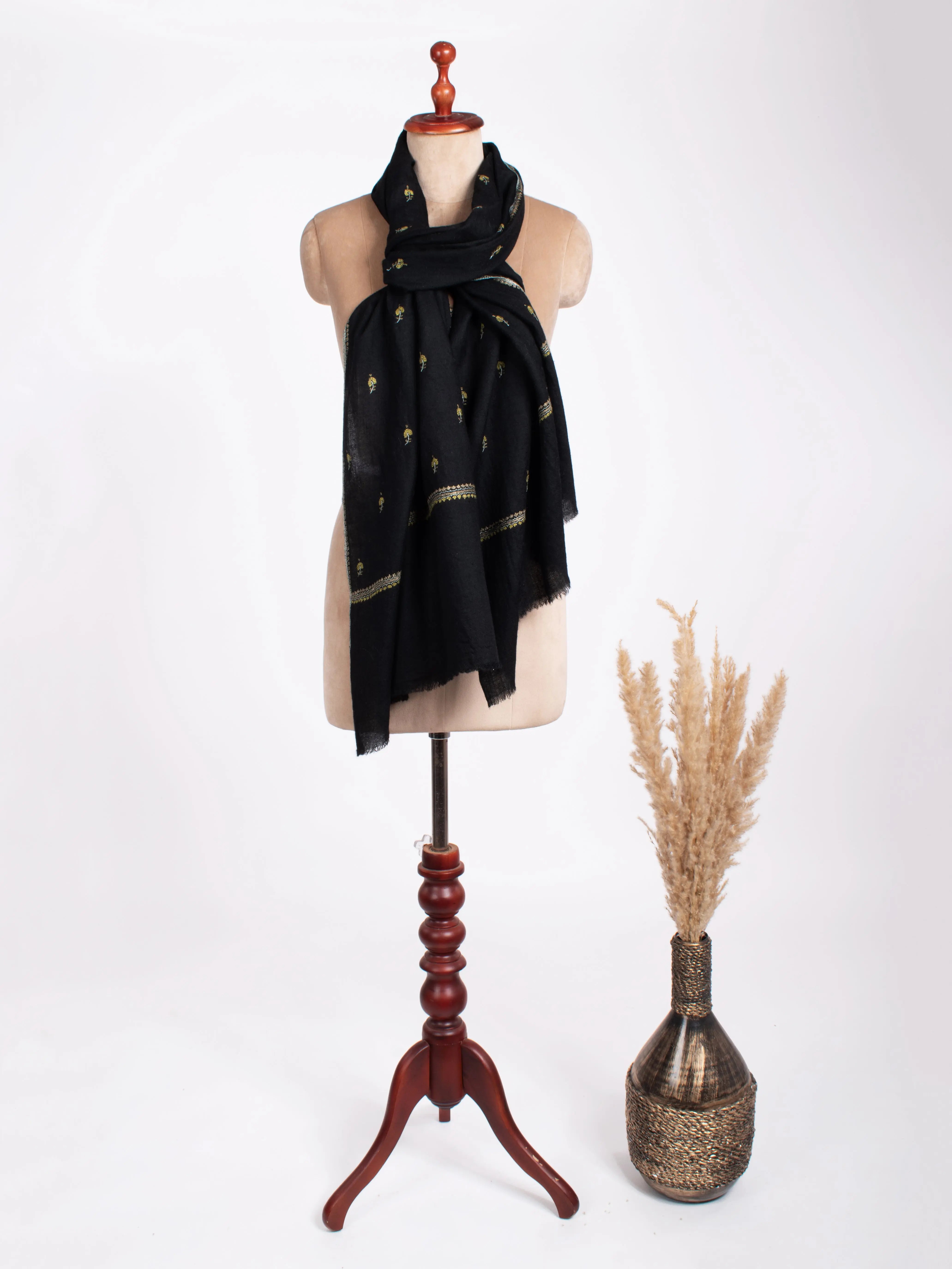 Black with Olive Embroidered Cashmere Shahkaar