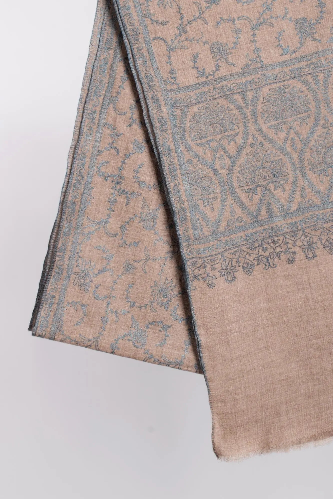 Blue Beige Embroidered Pashmina Wrap - KENDAL Shahkaar