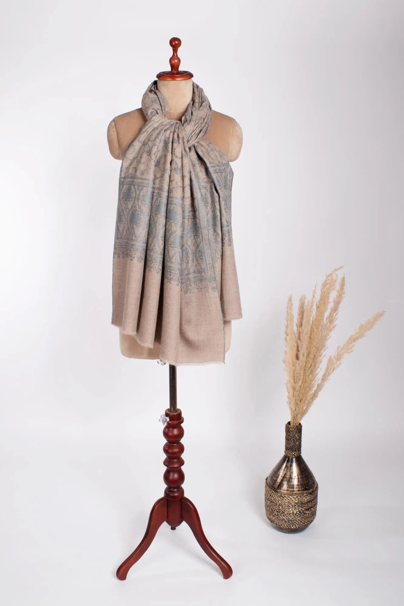 Blue Beige Embroidered Pashmina Wrap - KENDAL Shahkaar
