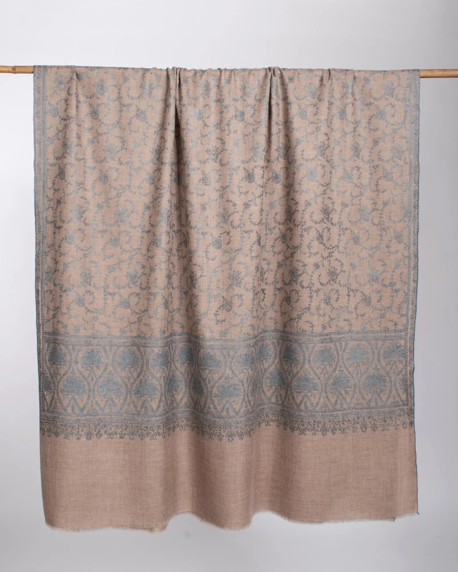 Blue Beige Embroidered Pashmina Wrap - KENDAL Shahkaar