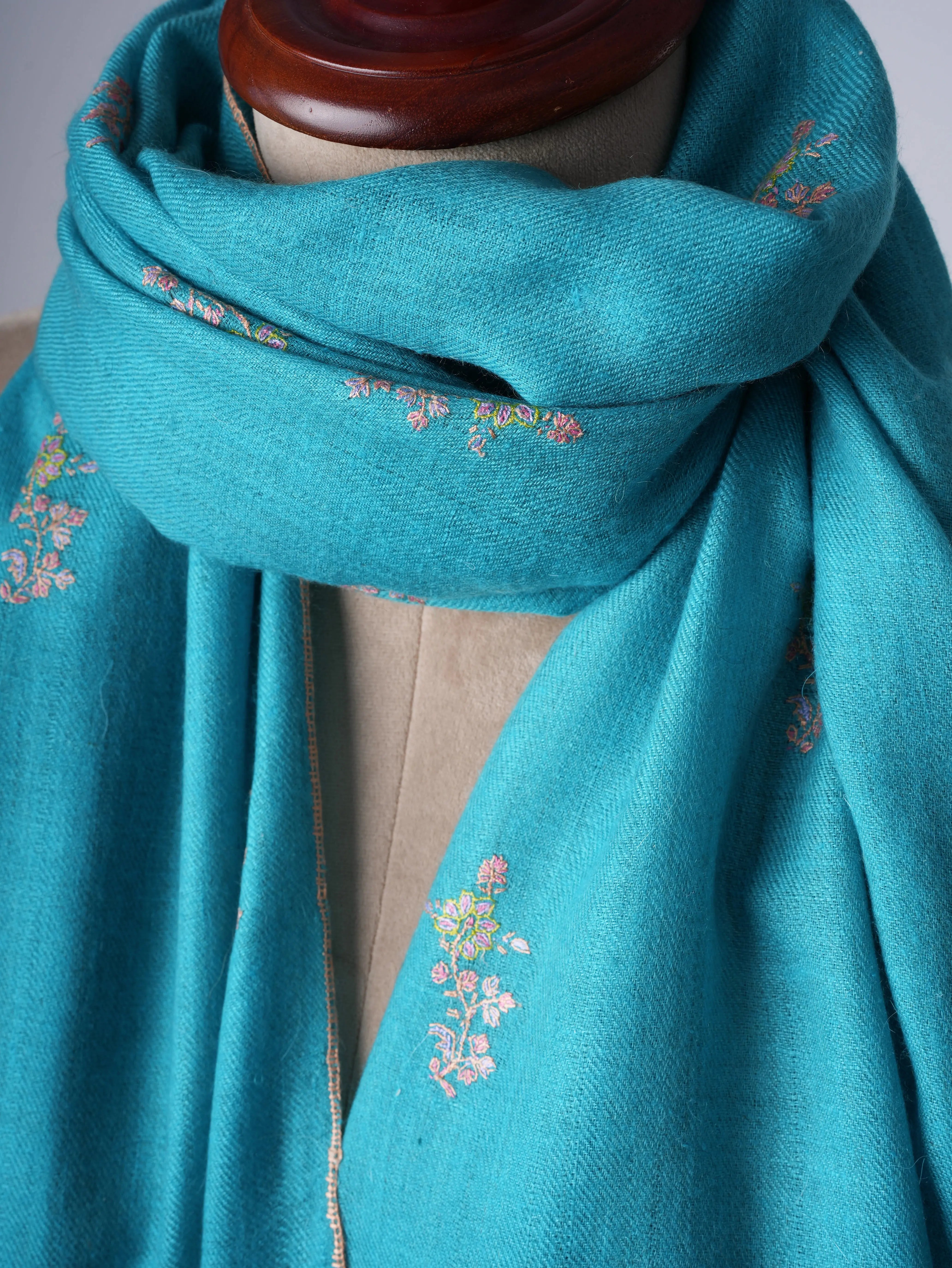 Blue Buteh Embroidered Cashmere Scarf – Hand Embroidered Luxury from Kashmir Shahkaar