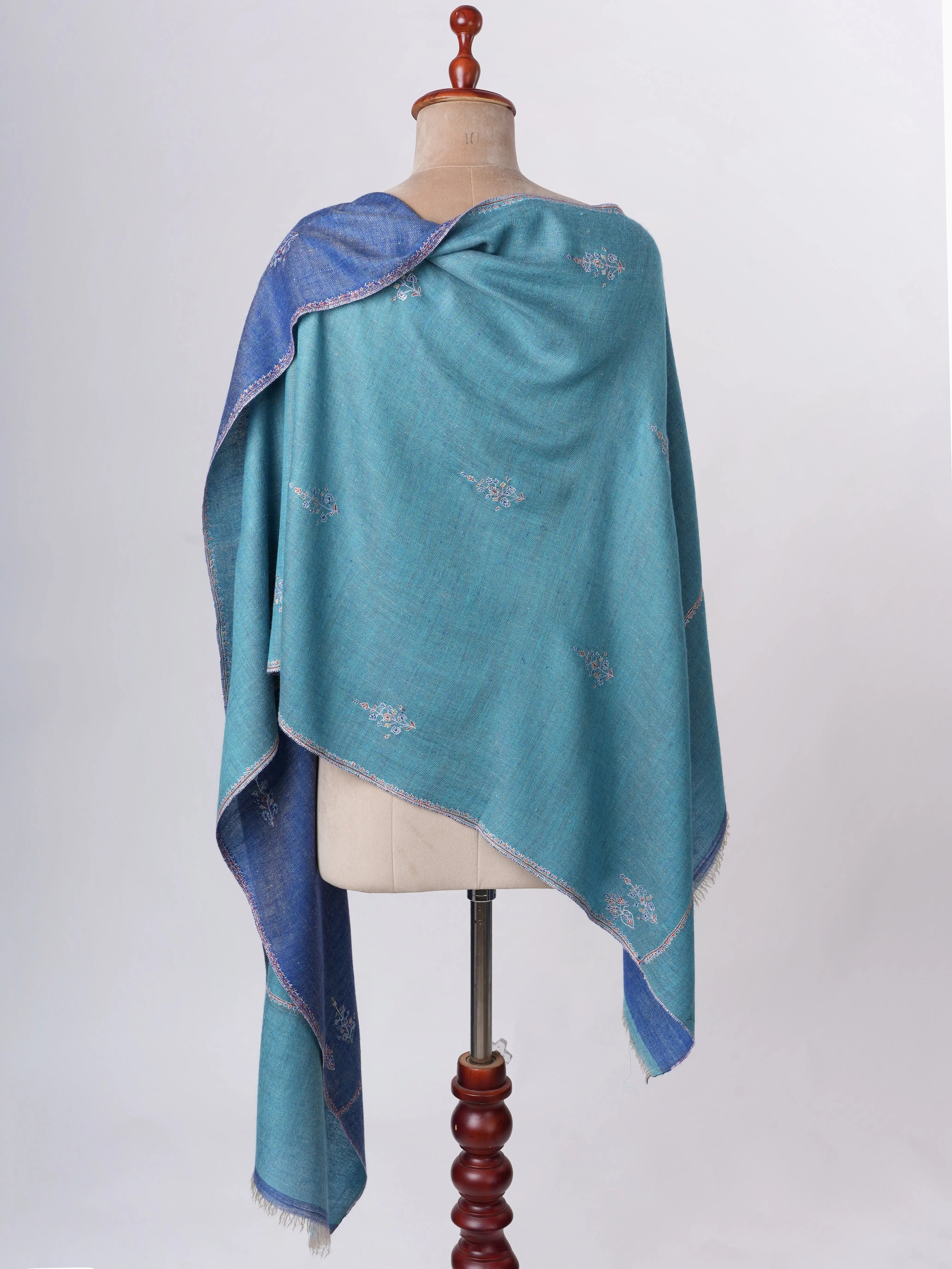 Blue Dualshade Cashmere Scarf with Buteh Needlework Embroidery – Handcrafted Elegance Shahkaar