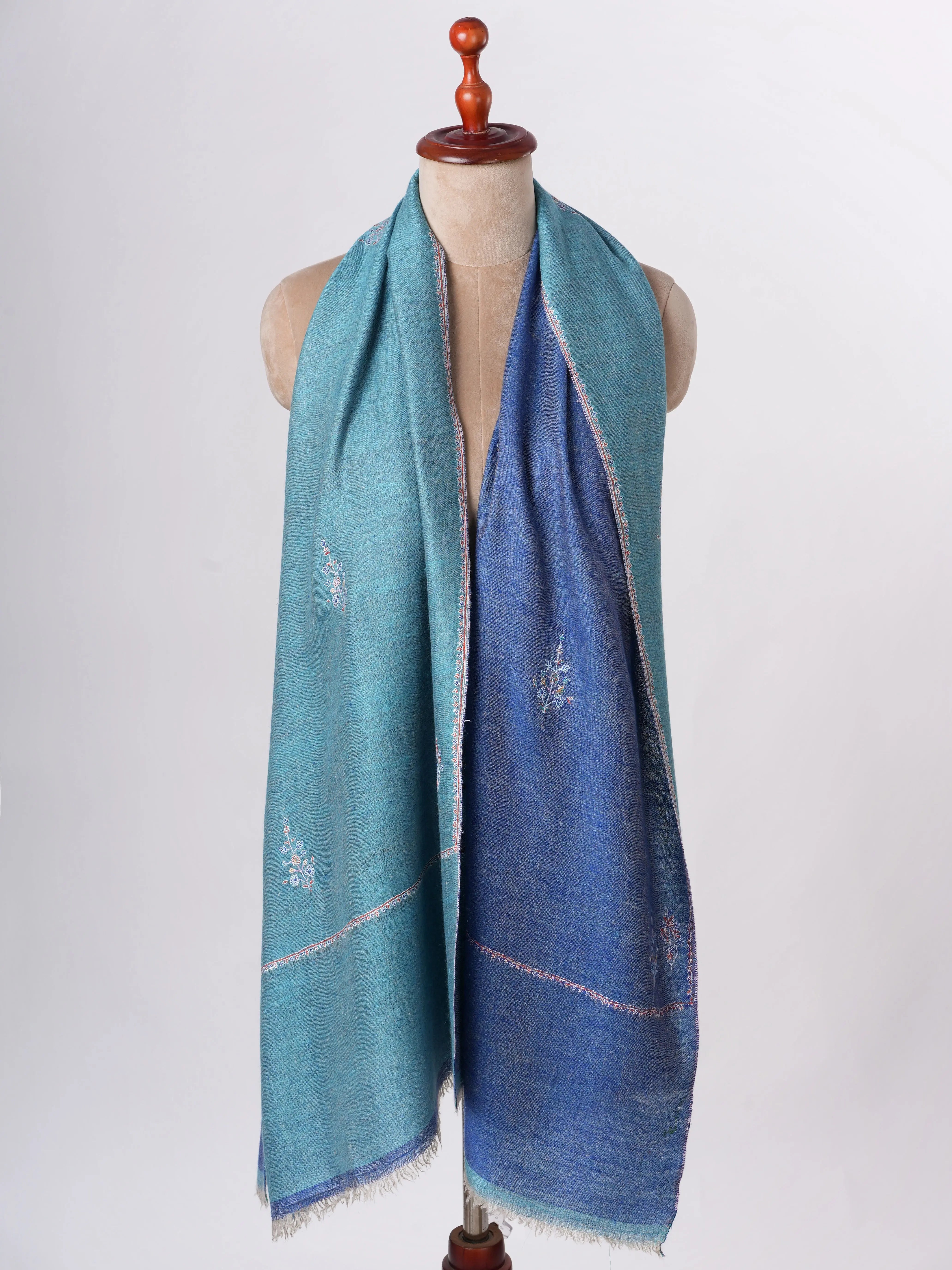 Blue Dualshade Cashmere Scarf with Buteh Needlework Embroidery – Handcrafted Elegance Shahkaar