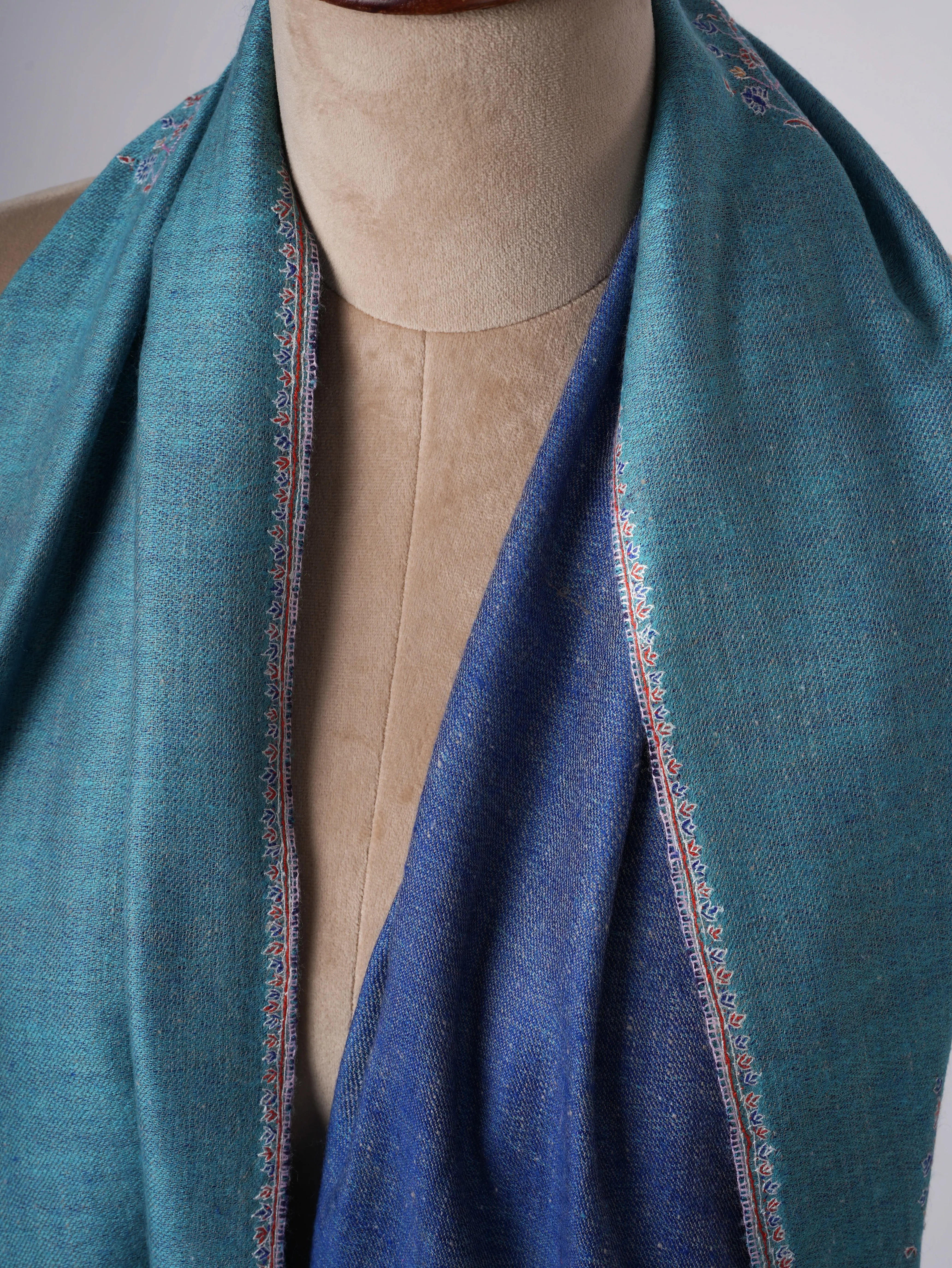 Blue Dualshade Cashmere Scarf with Buteh Needlework Embroidery – Handcrafted Elegance Shahkaar