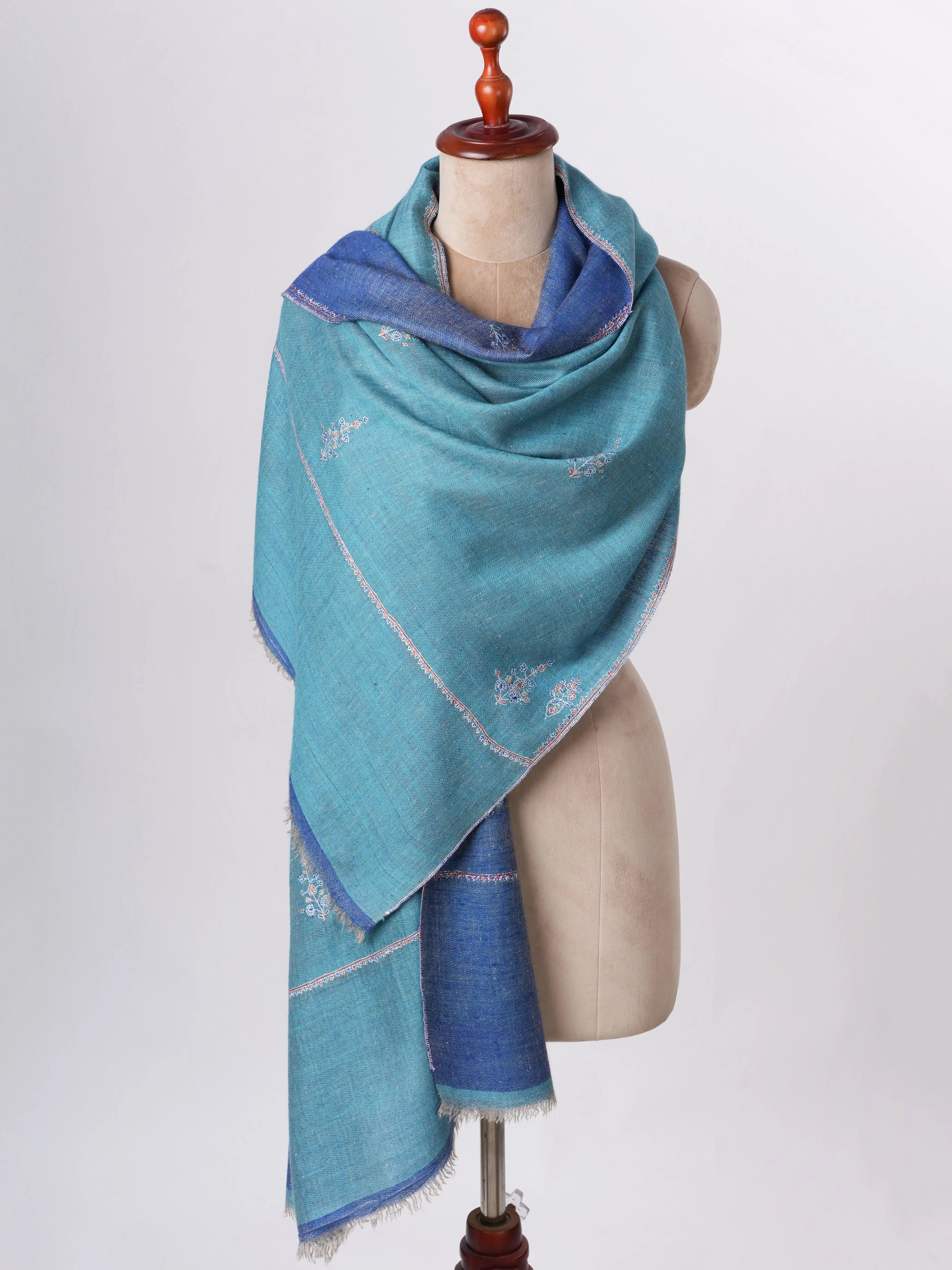 Blue Dualshade Cashmere Scarf with Buteh Needlework Embroidery – Handcrafted Elegance Shahkaar