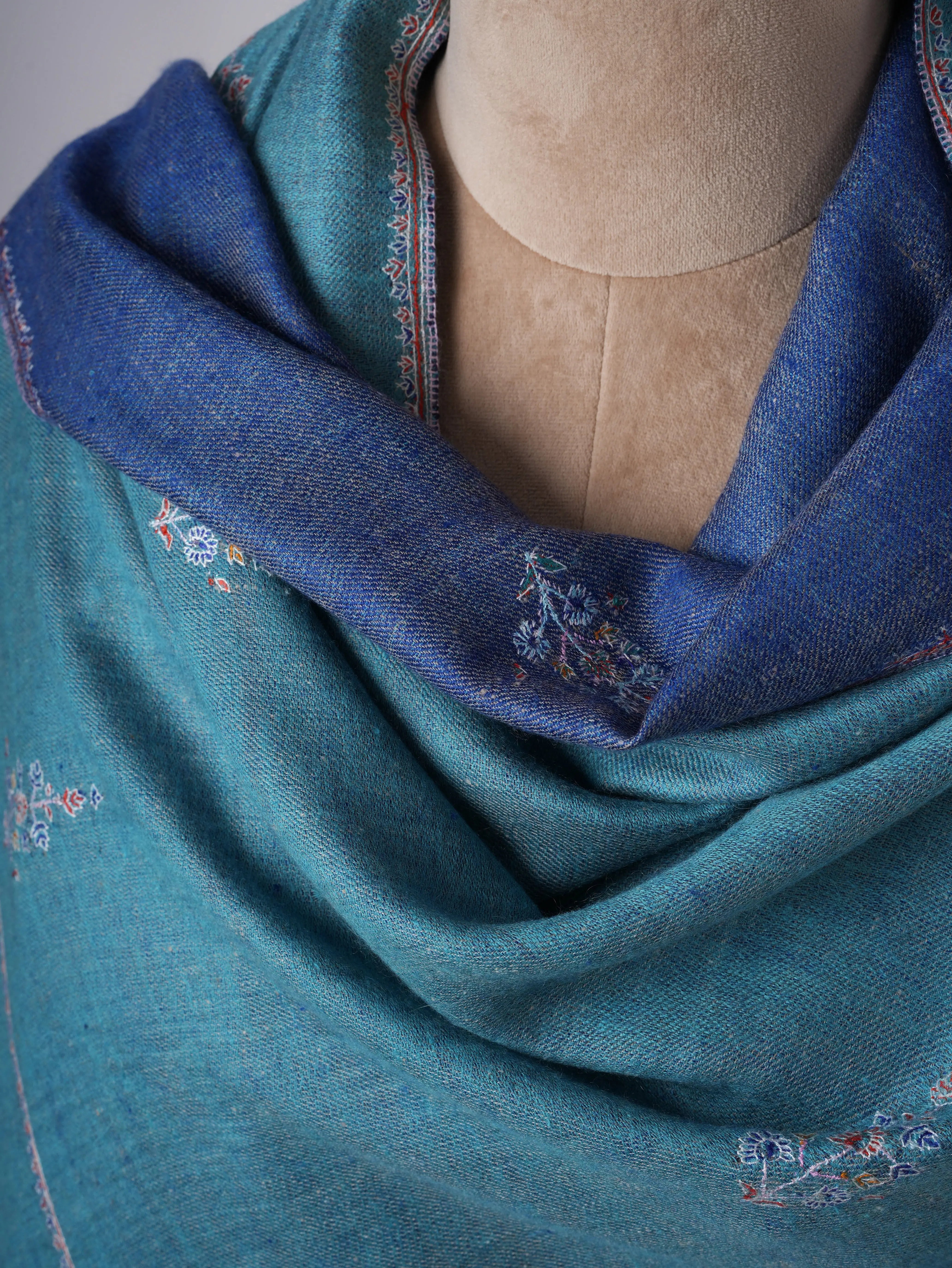 Blue Dualshade Cashmere Scarf with Buteh Needlework Embroidery – Handcrafted Elegance Shahkaar