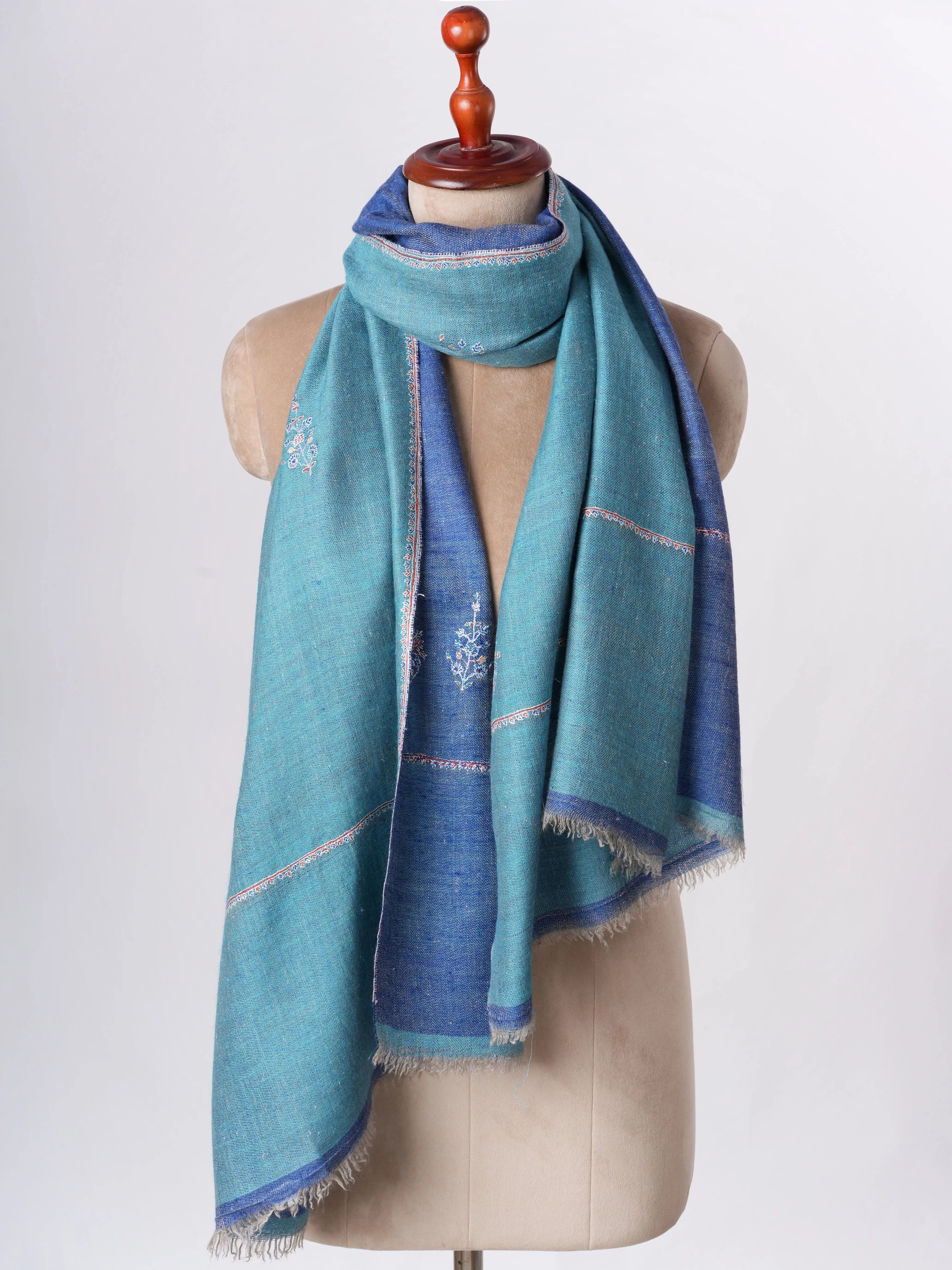 Blue Dualshade Cashmere Scarf with Buteh Needlework Embroidery – Handcrafted Elegance Shahkaar
