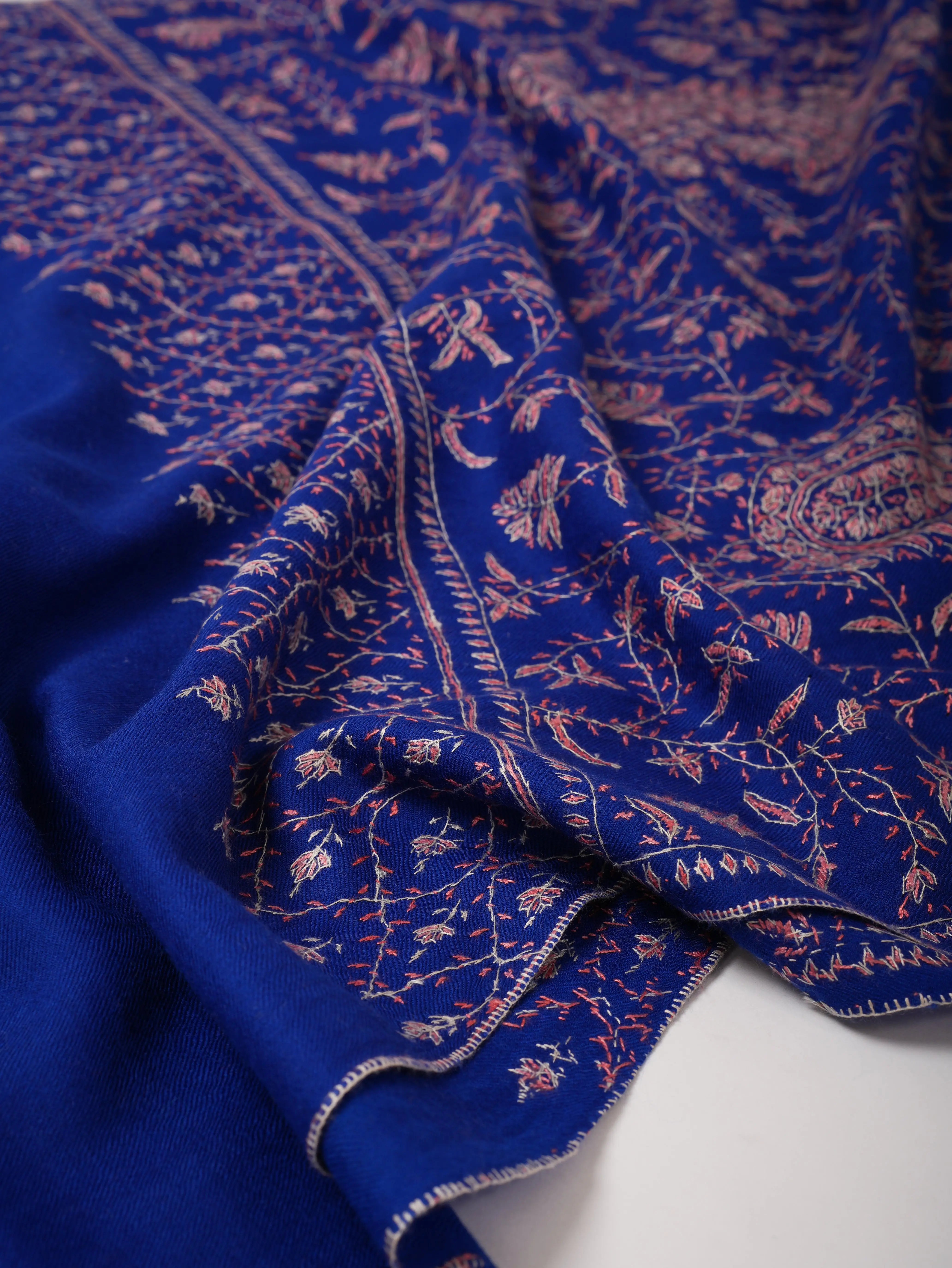 Blue Fine Wool Scarf with Hand Embroidered Jali Work Shahkaar