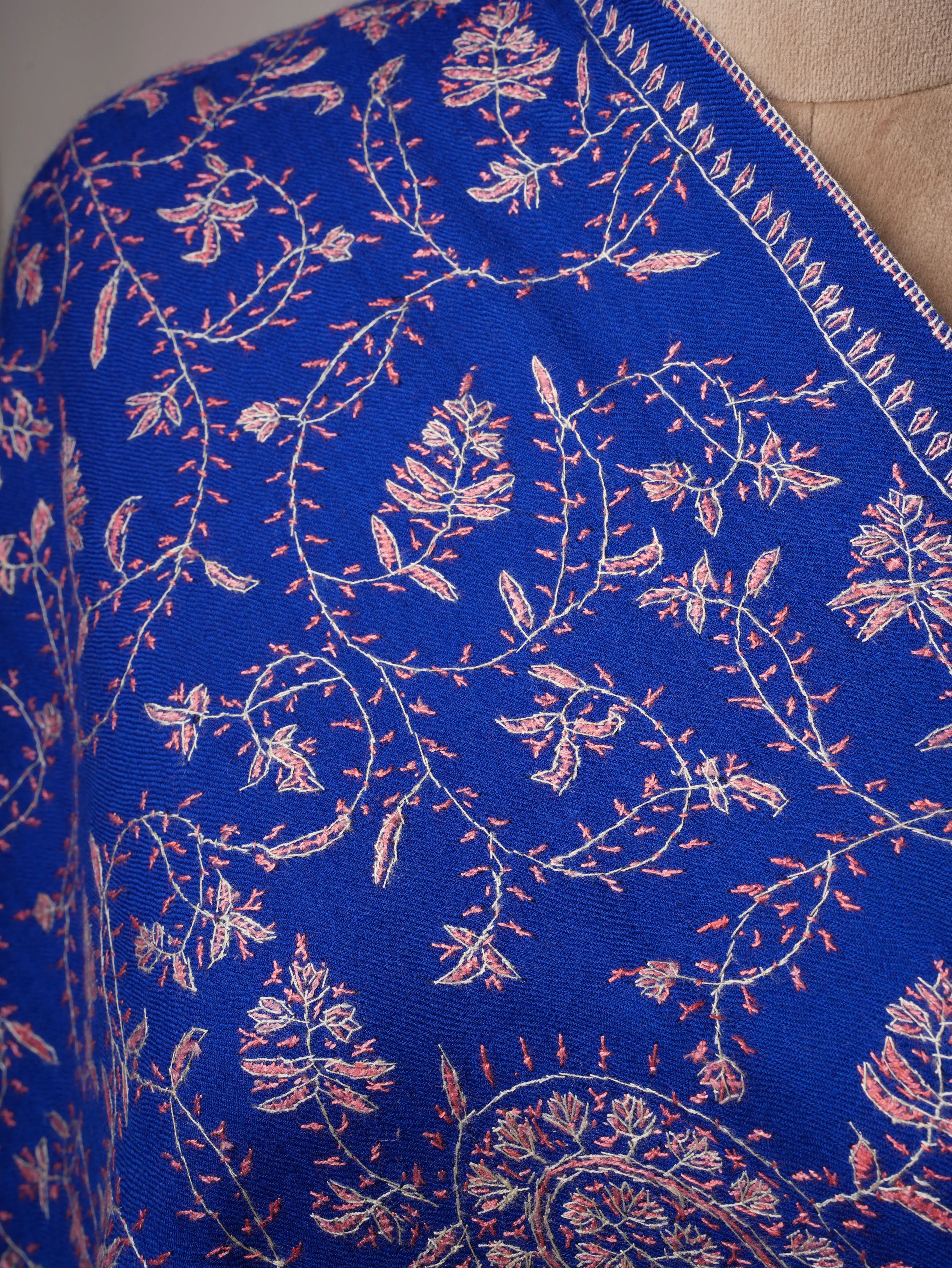 Blue Fine Wool Scarf with Hand Embroidered Jali Work Shahkaar