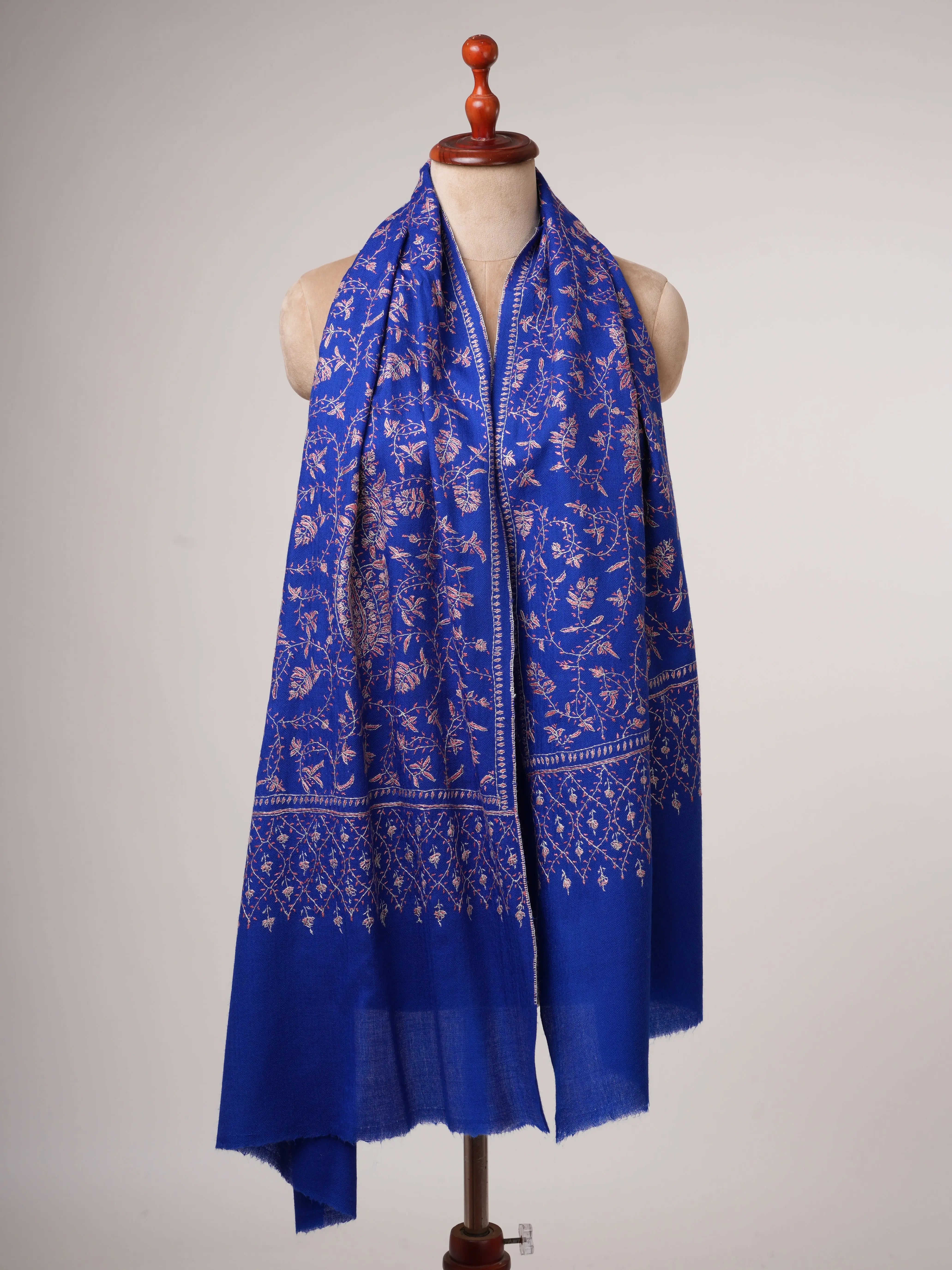 Blue Fine Wool Scarf with Hand Embroidered Jali Work Shahkaar